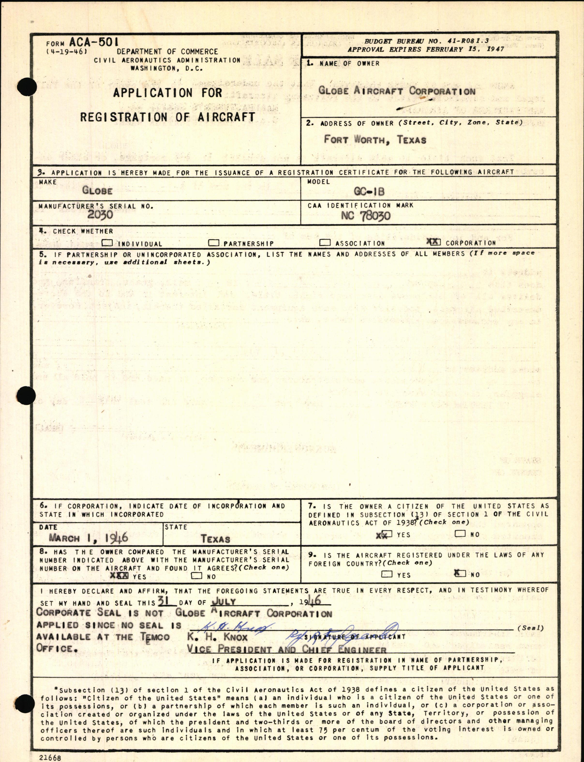 Sample page 1 from AirCorps Library document: Technical Information for Serial Number 2030