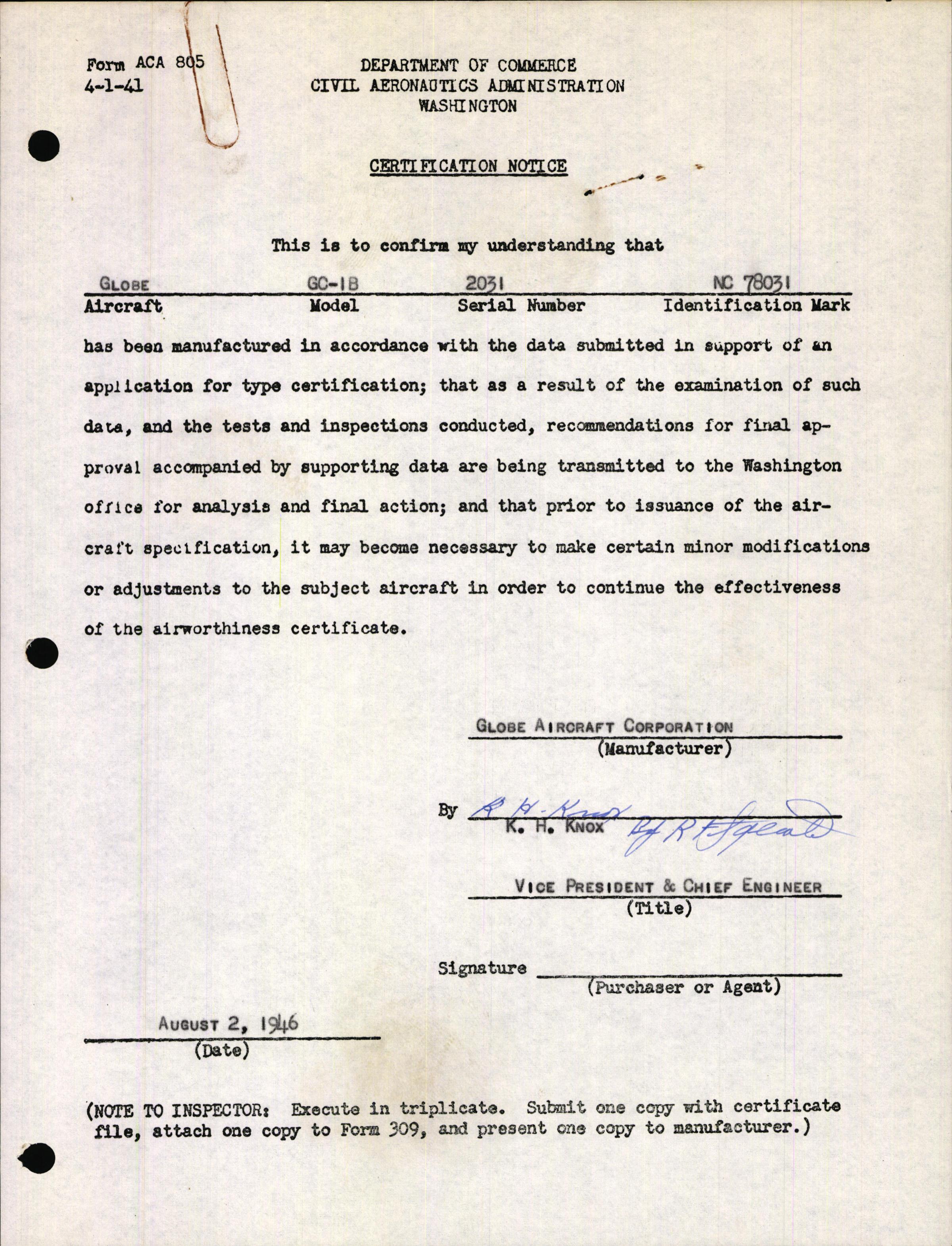 Sample page 1 from AirCorps Library document: Technical Information for Serial Number 2031