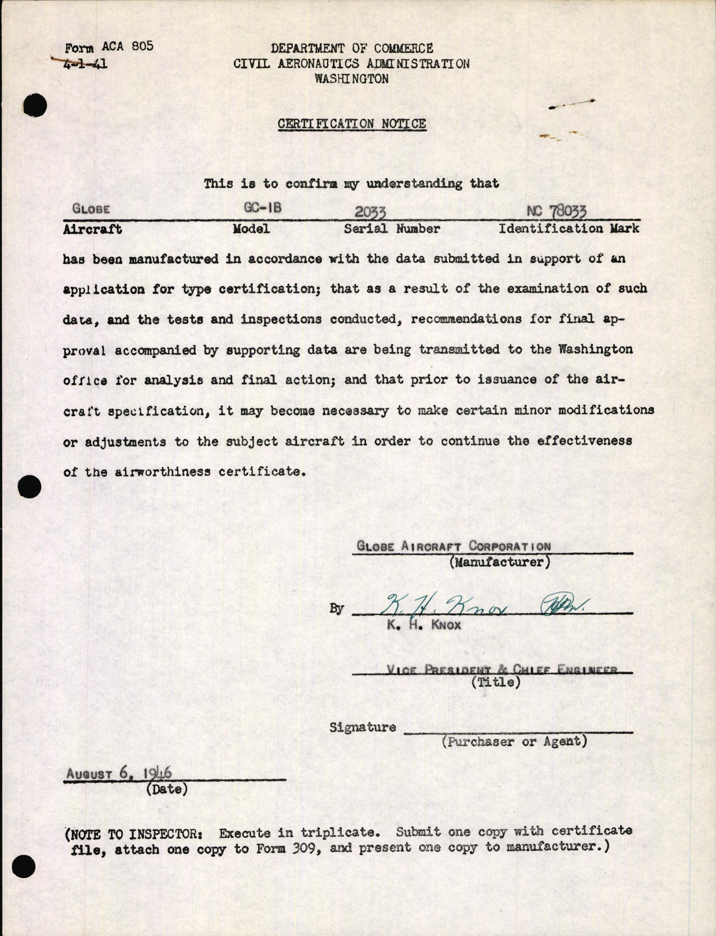 Sample page 1 from AirCorps Library document: Technical Information for Serial Number 2033