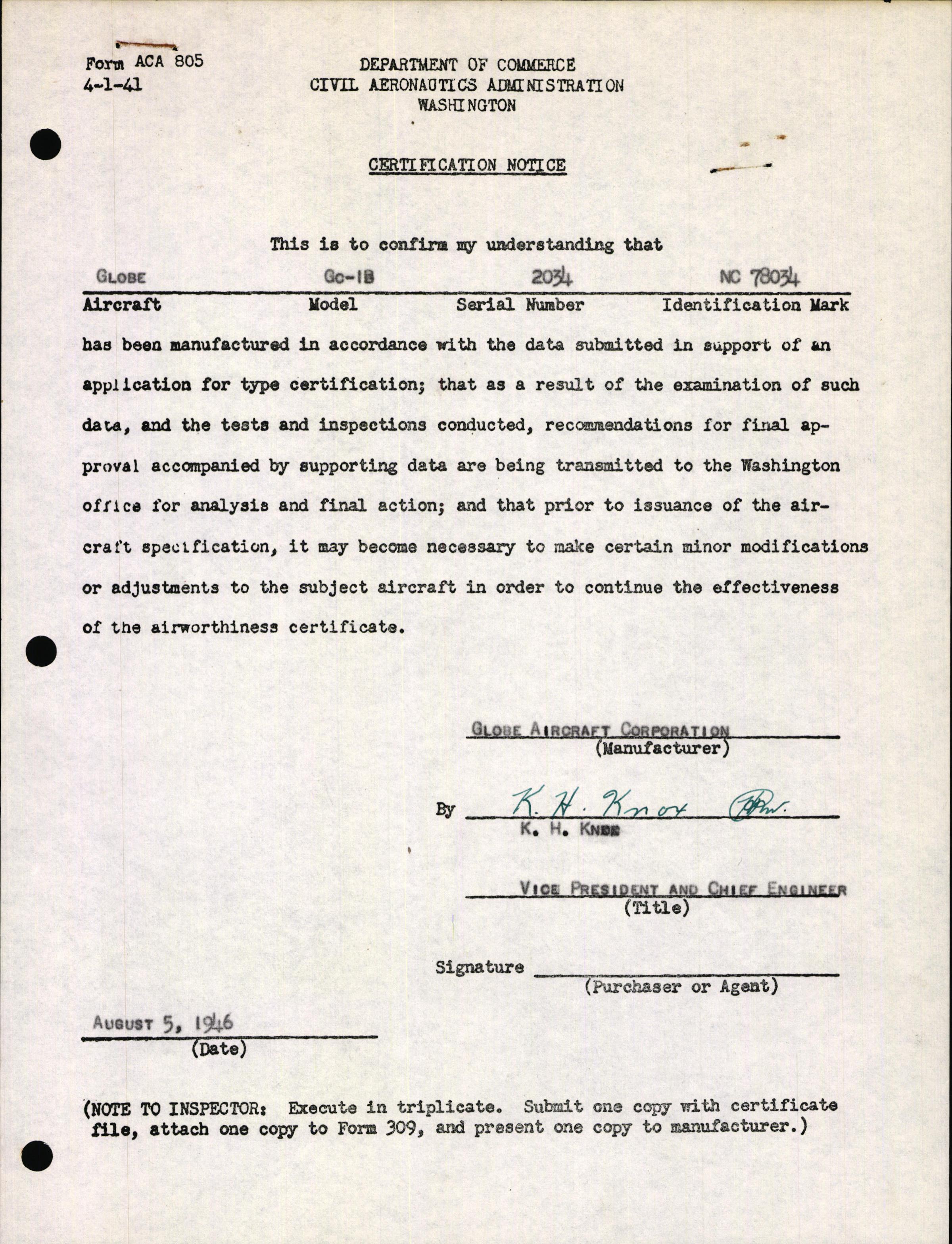 Sample page 1 from AirCorps Library document: Technical Information for Serial Number 2034