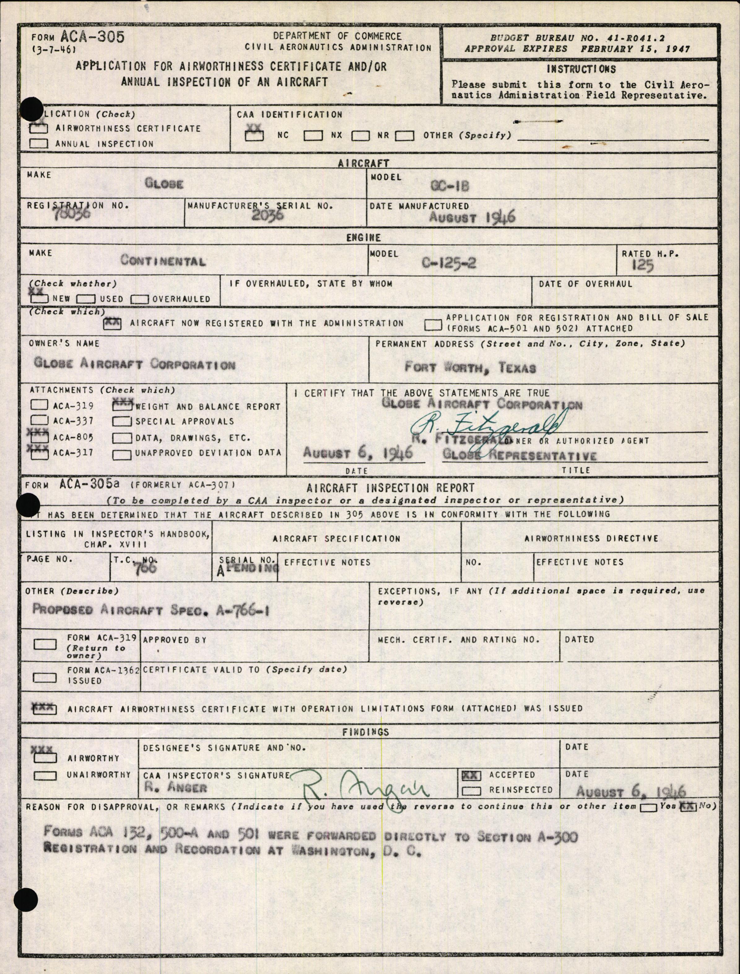 Sample page 1 from AirCorps Library document: Technical Information for Serial Number 2036