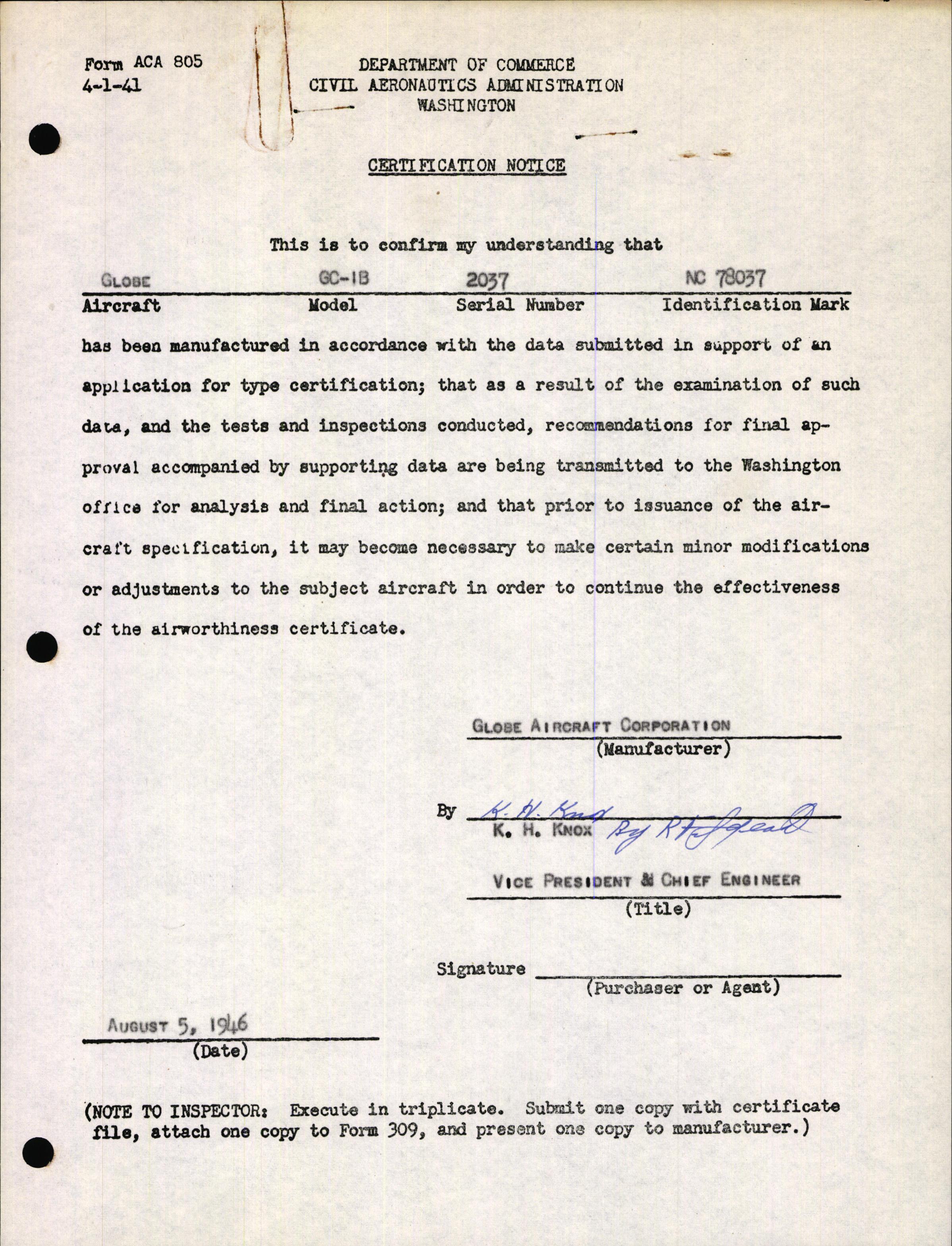 Sample page 1 from AirCorps Library document: Technical Information for Serial Number 2037