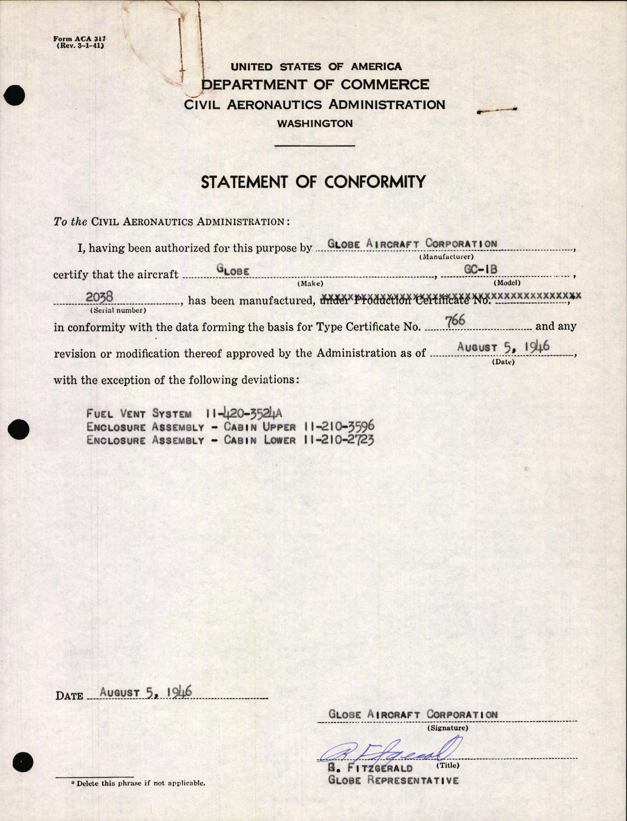 Sample page 1 from AirCorps Library document: Technical Information for Serial Number 2038