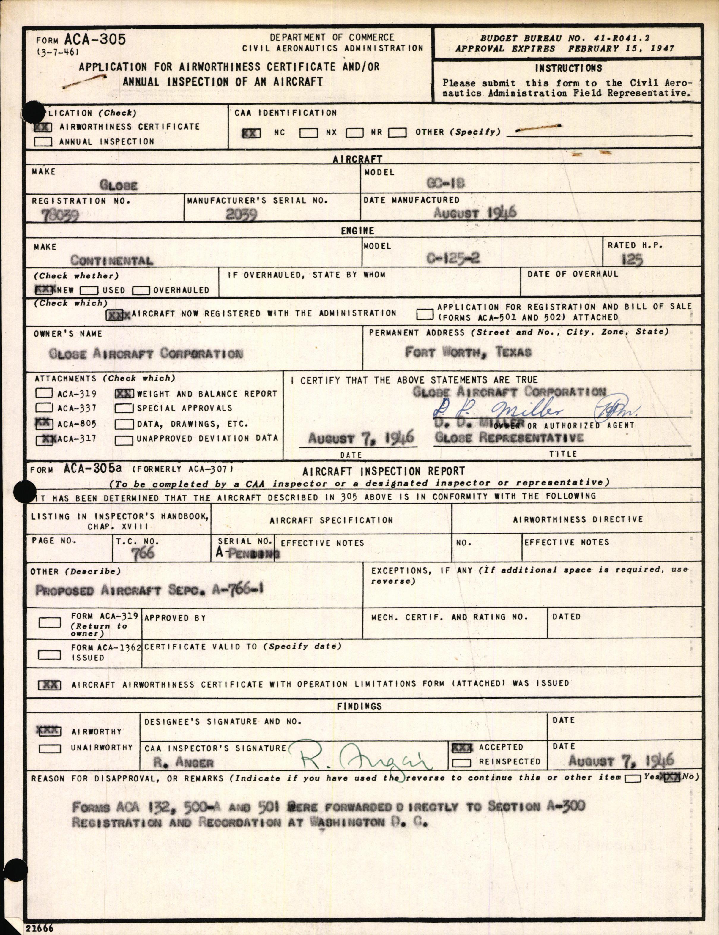 Sample page 1 from AirCorps Library document: Technical Information for Serial Number 2039