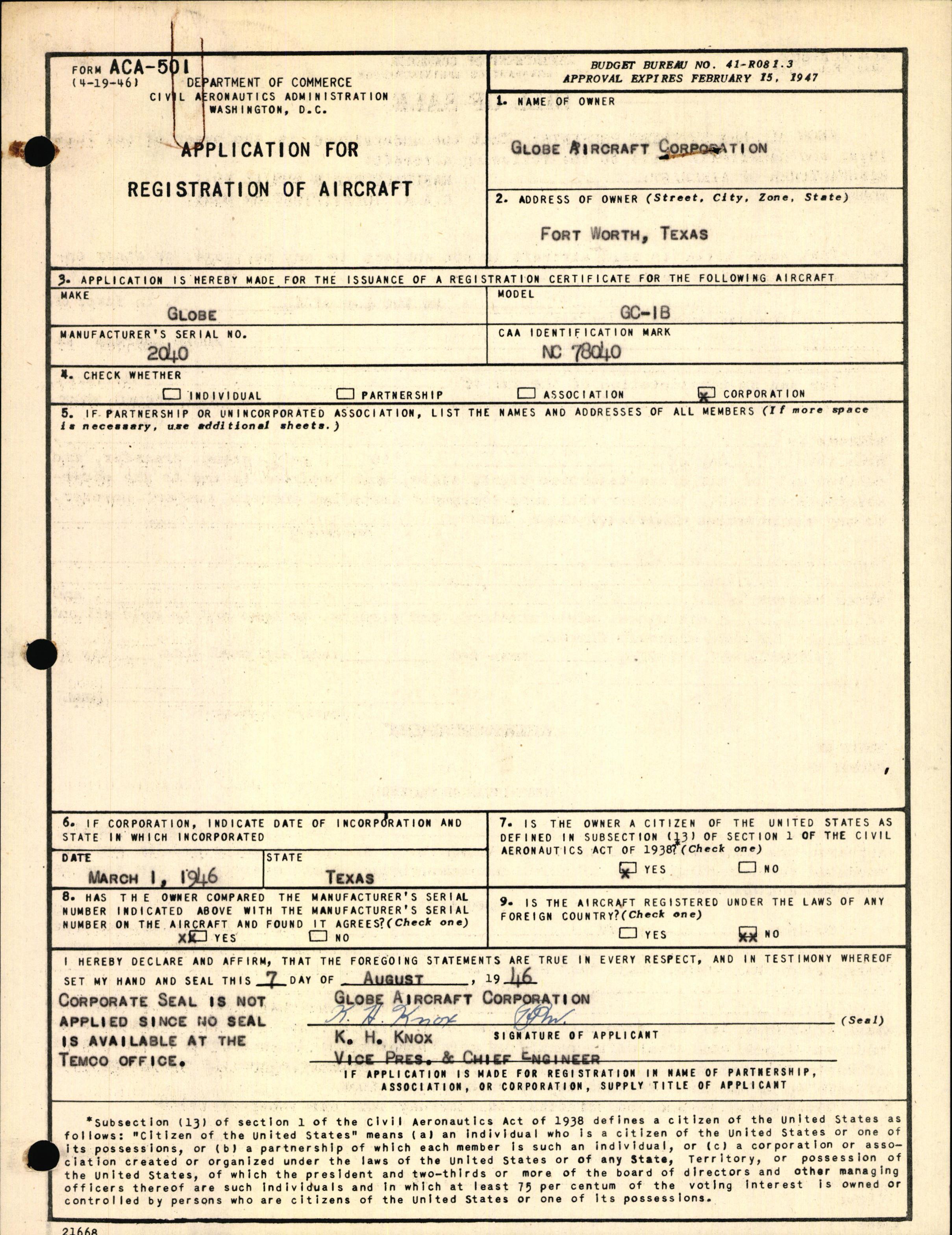 Sample page 1 from AirCorps Library document: Technical Information for Serial Number 2040