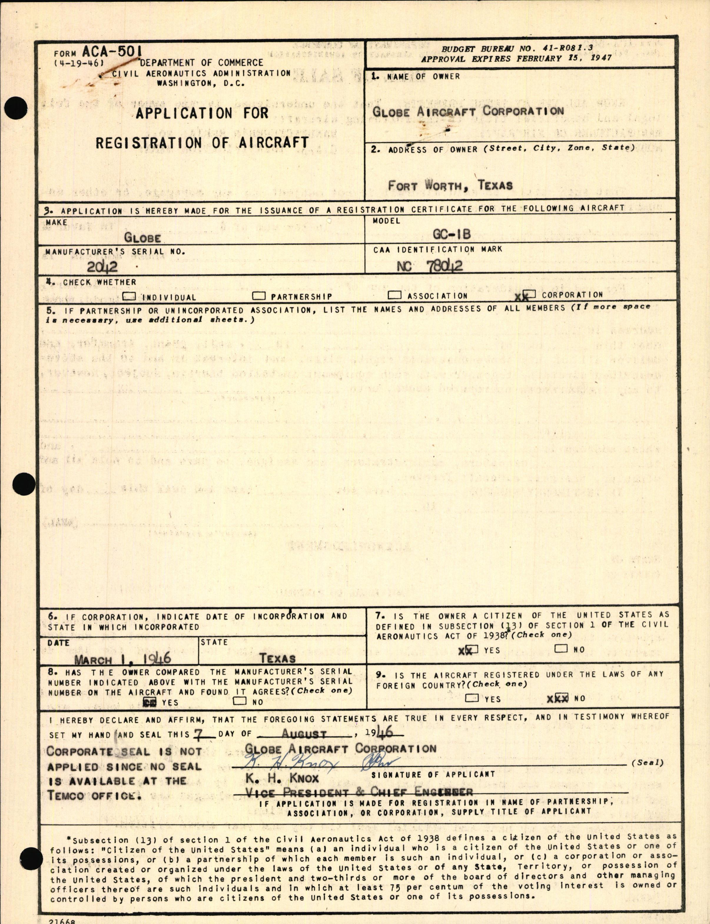 Sample page 1 from AirCorps Library document: Technical Information for Serial Number 2042