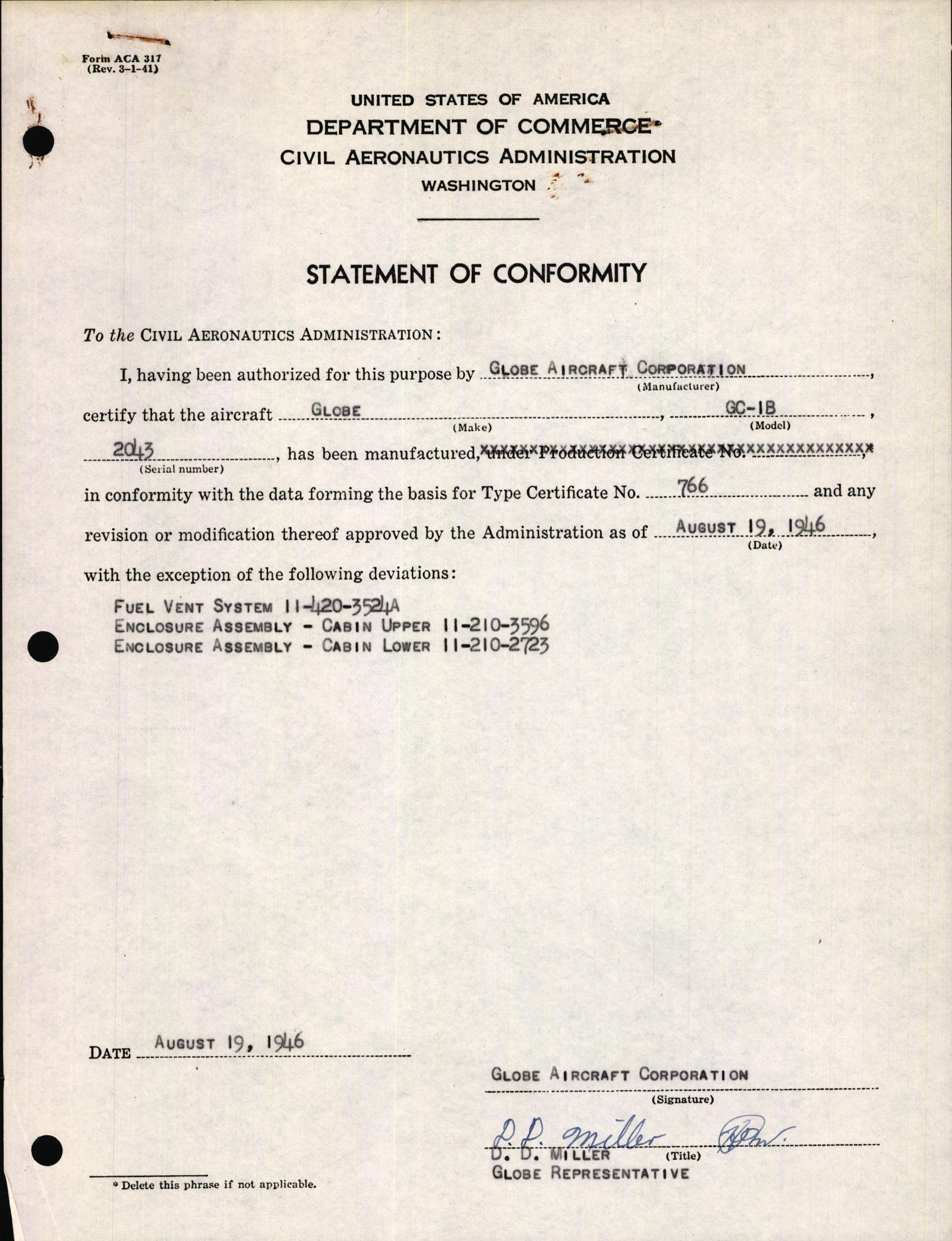 Sample page 1 from AirCorps Library document: Technical Information for Serial Number 2043