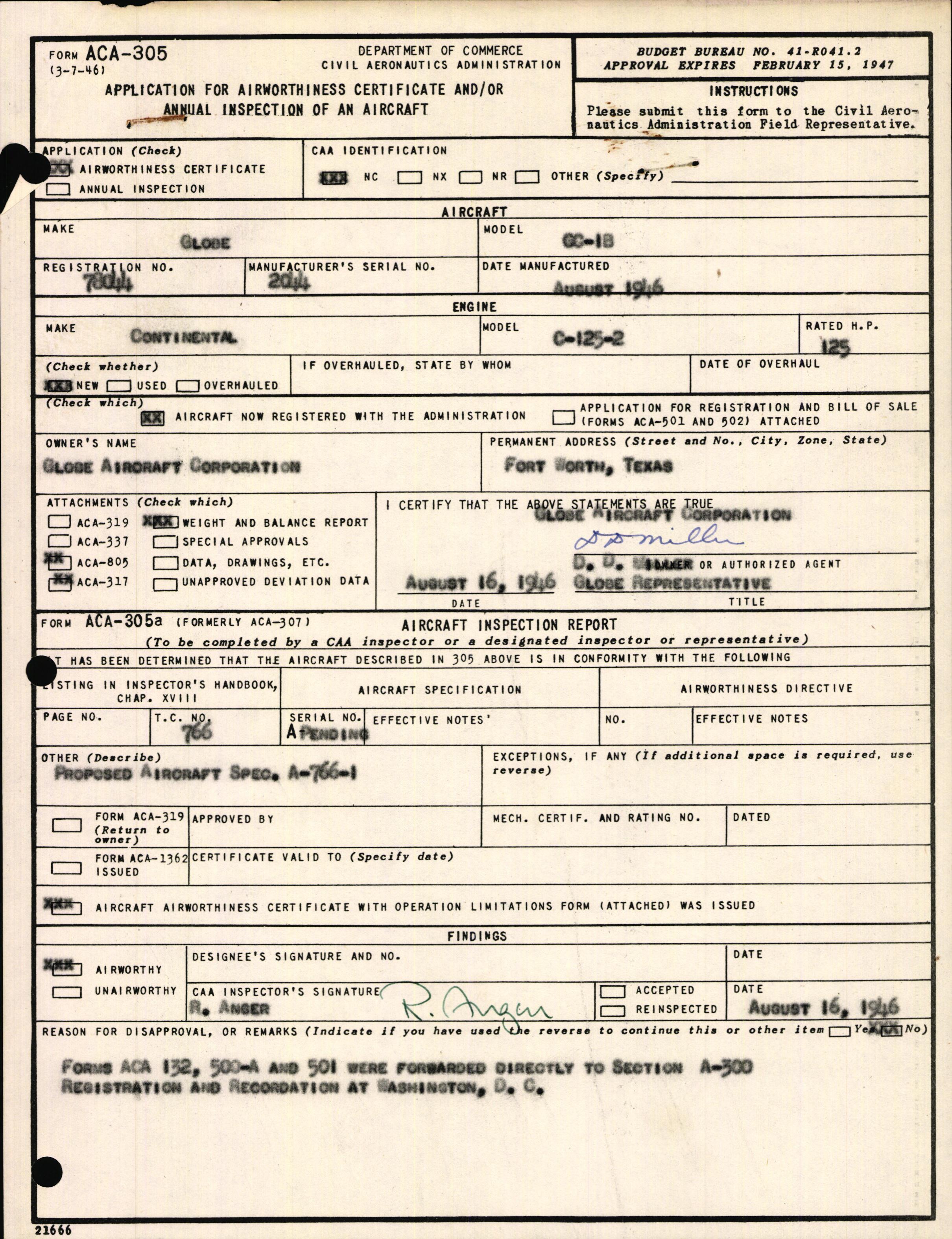 Sample page 1 from AirCorps Library document: Technical Information for Serial Number 2044