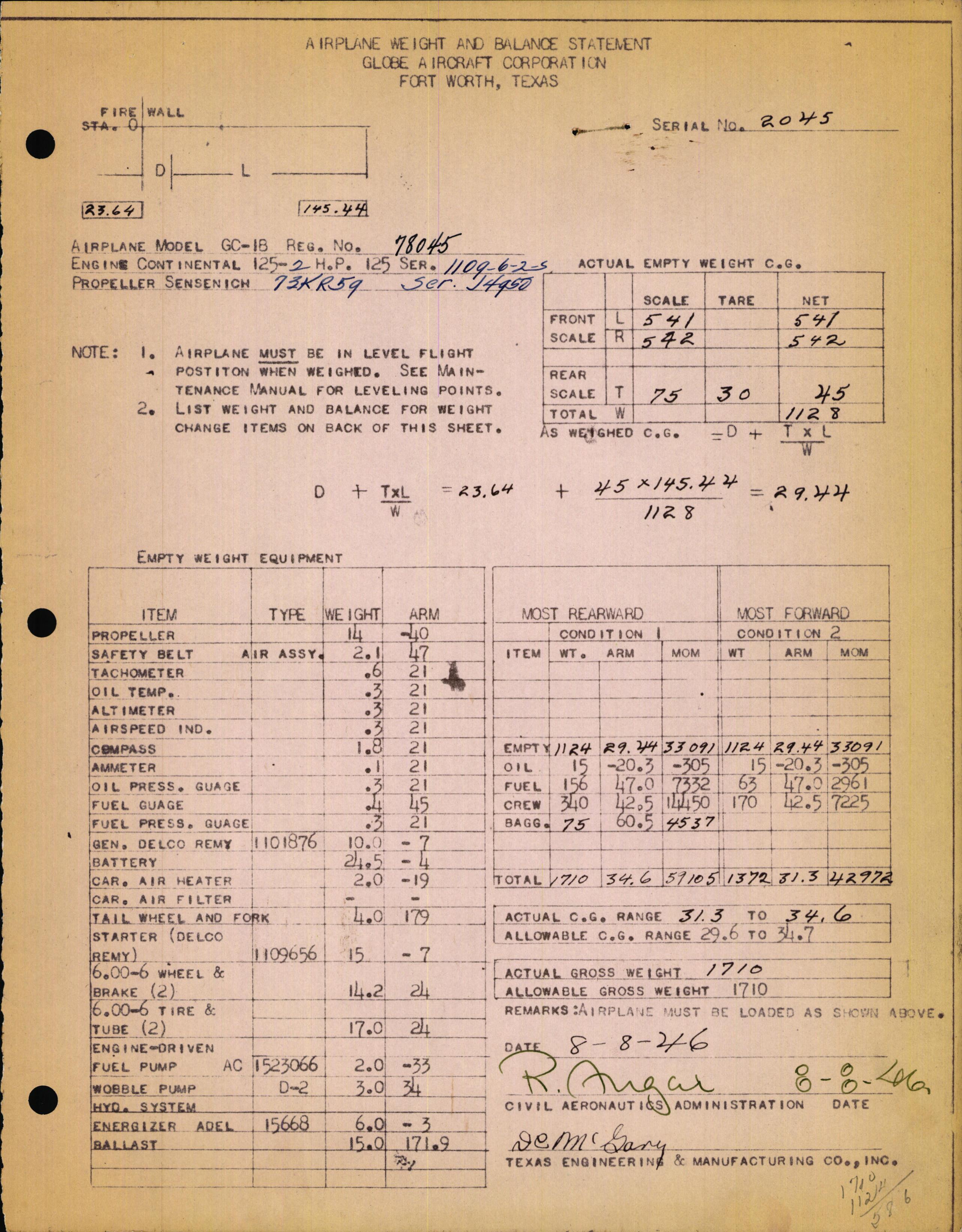 Sample page 1 from AirCorps Library document: Technical Information for Serial Number 2045