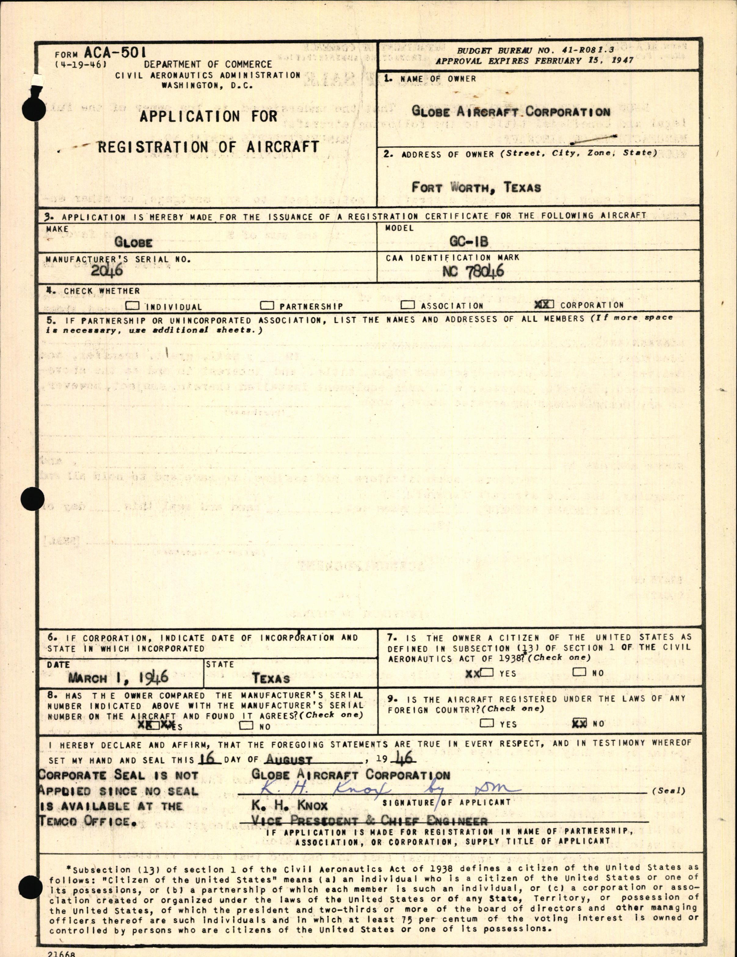 Sample page 1 from AirCorps Library document: Technical Information for Serial Number 2046