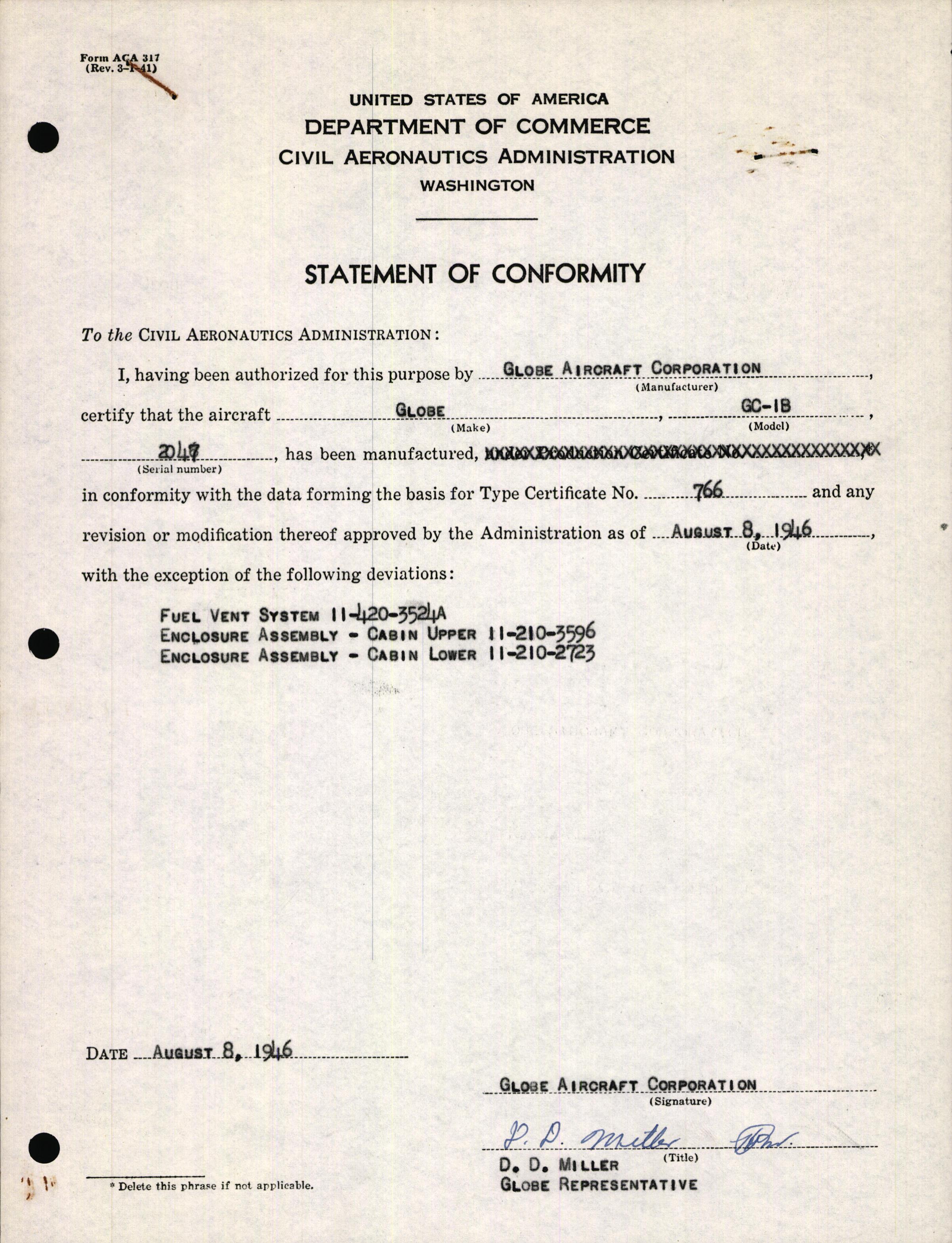 Sample page 1 from AirCorps Library document: Technical Information for Serial Number 2047