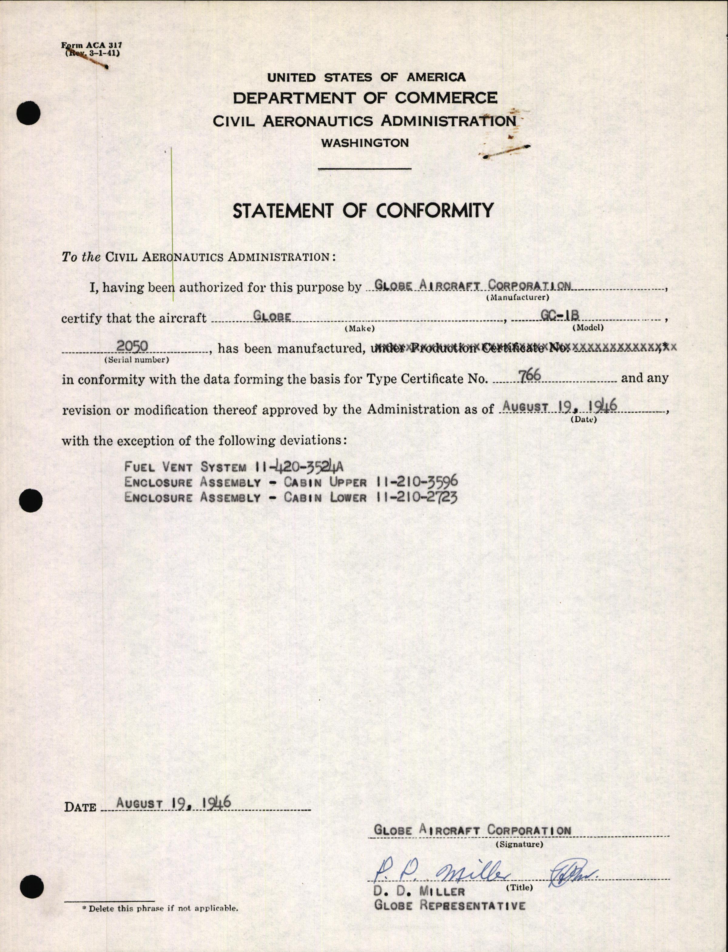 Sample page 1 from AirCorps Library document: Technical Information for Serial Number 2050