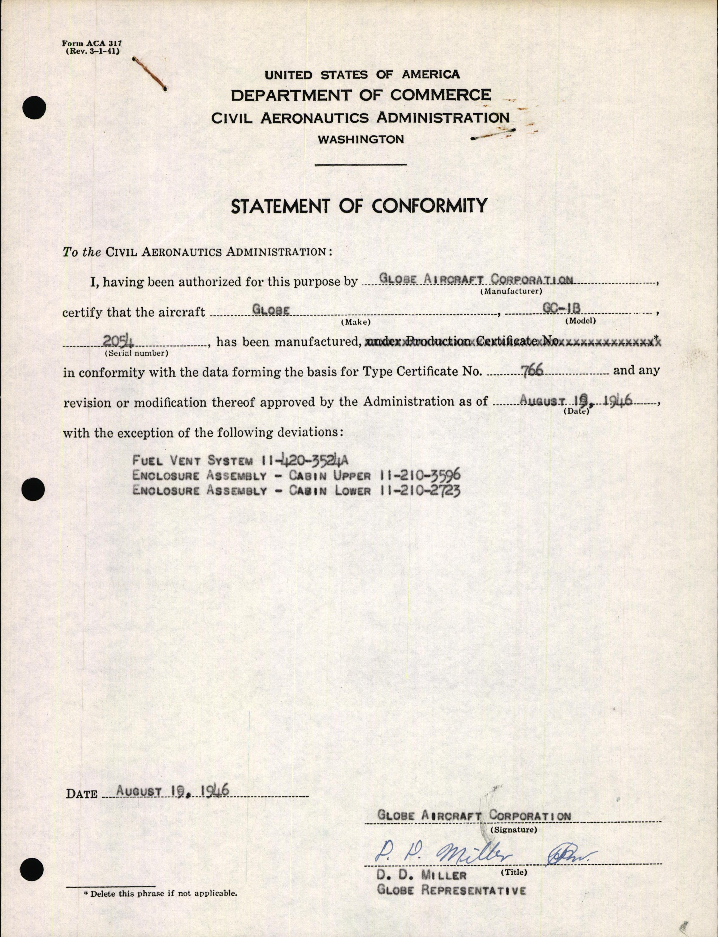 Sample page 1 from AirCorps Library document: Technical Information for Serial Number 2054