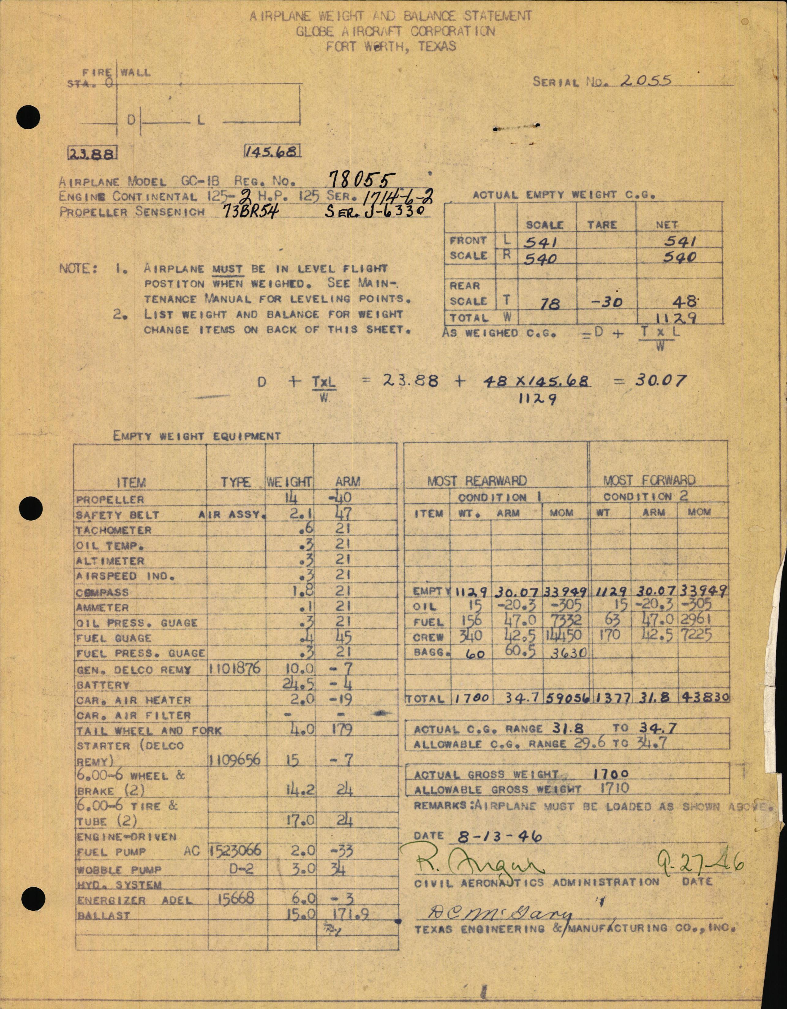 Sample page 1 from AirCorps Library document: Technical Information for Serial Number 2055