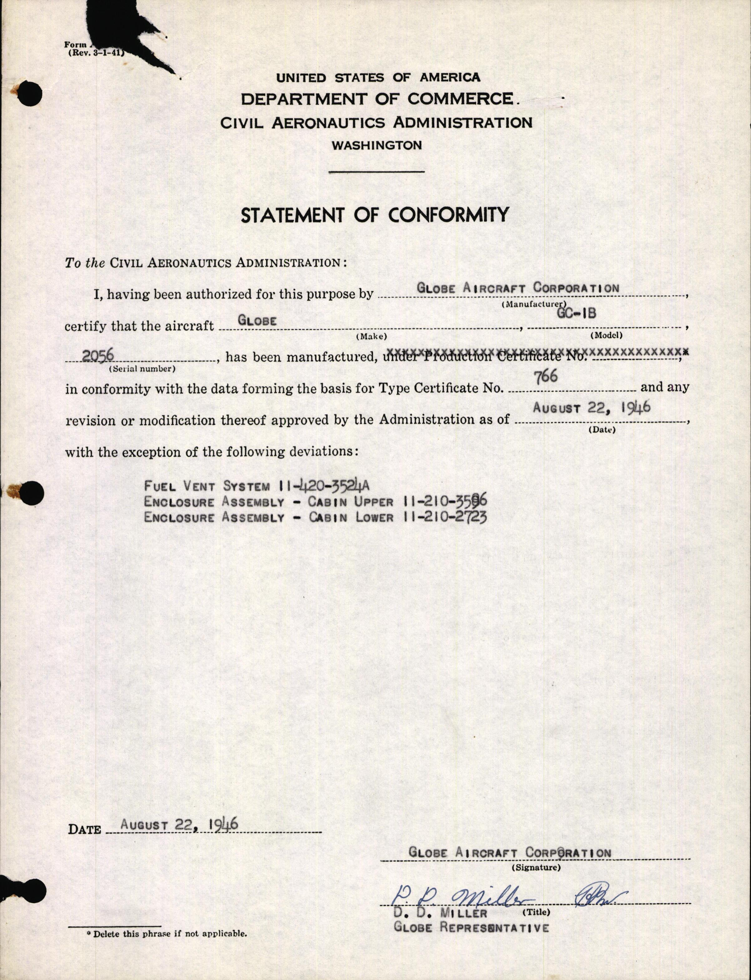 Sample page 1 from AirCorps Library document: Technical Information for Serial Number 2056