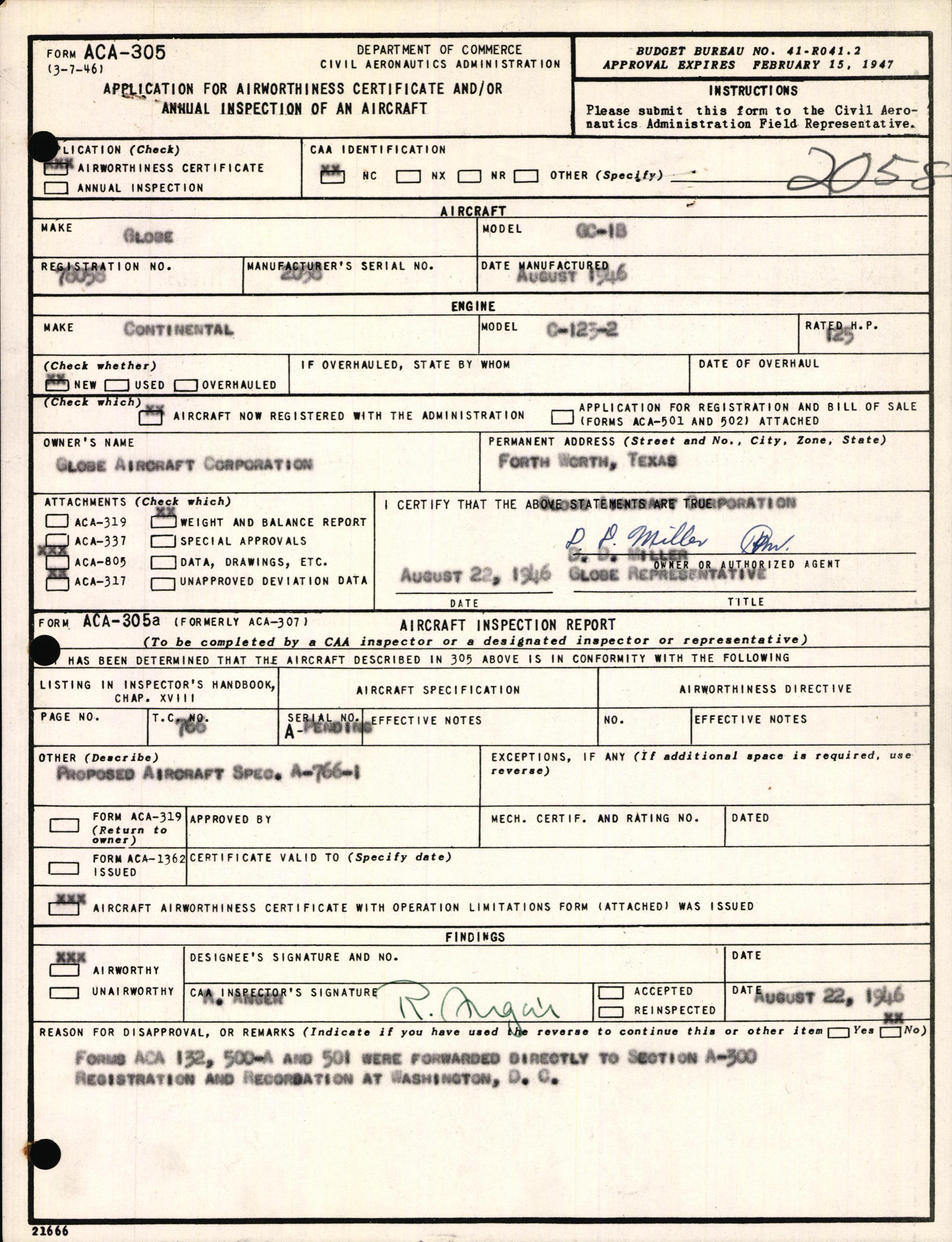 Sample page 1 from AirCorps Library document: Technical Information for Serial Number 2058