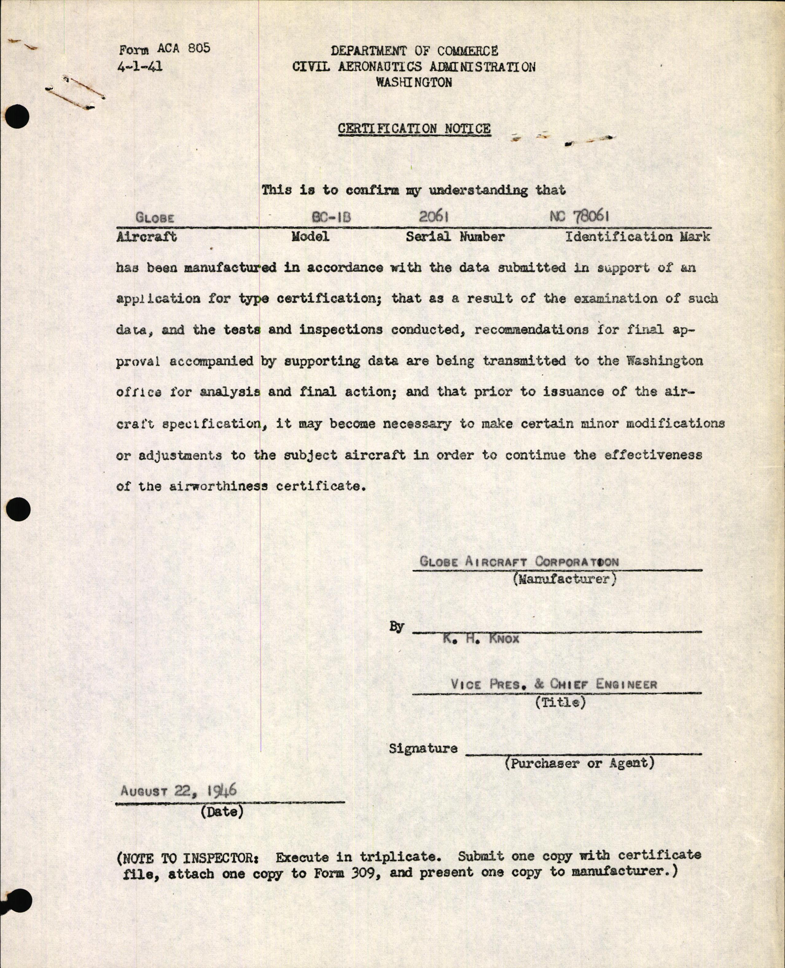Sample page 1 from AirCorps Library document: Technical Information for Serial Number 2061