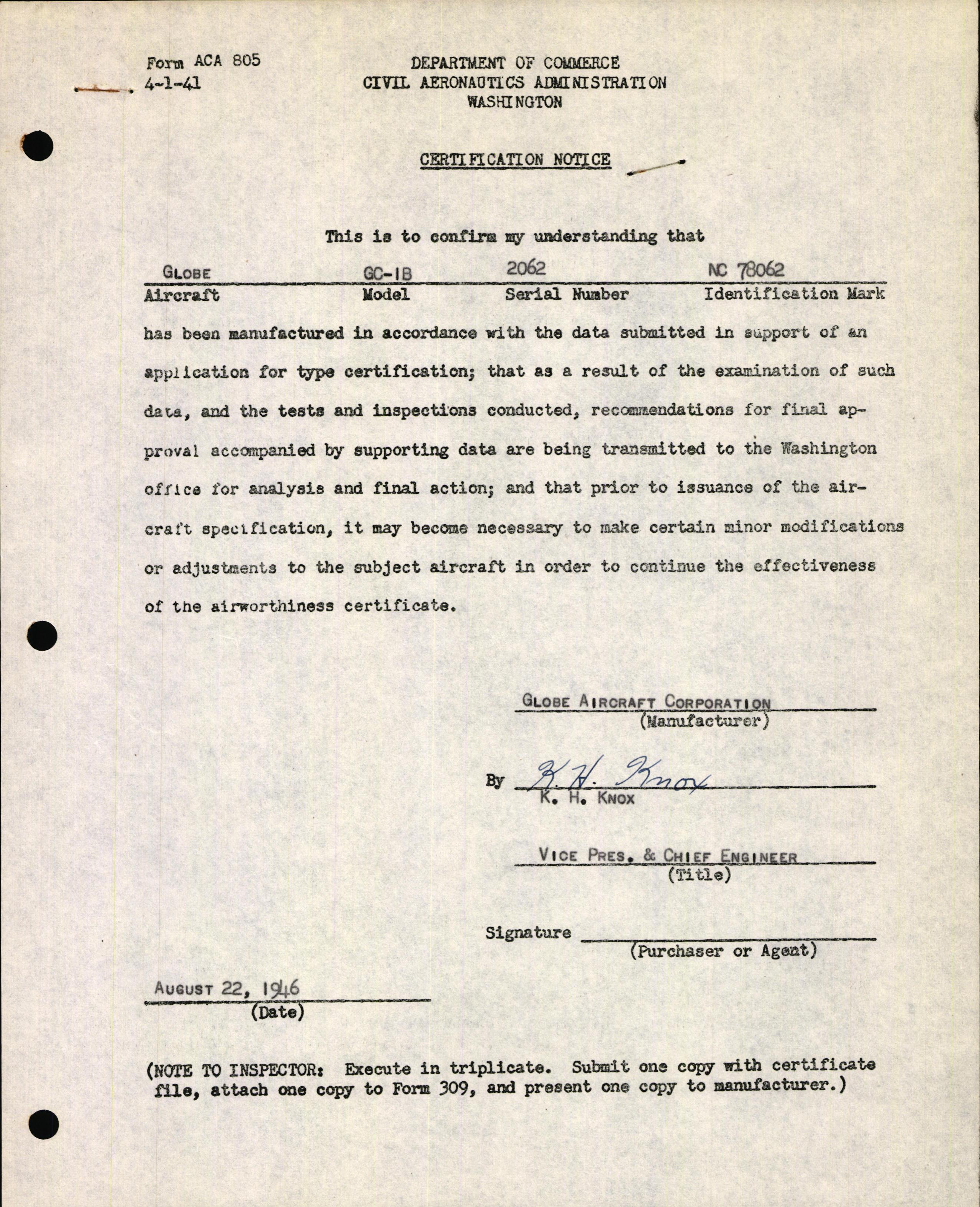 Sample page 1 from AirCorps Library document: Technical Information for Serial Number 2062