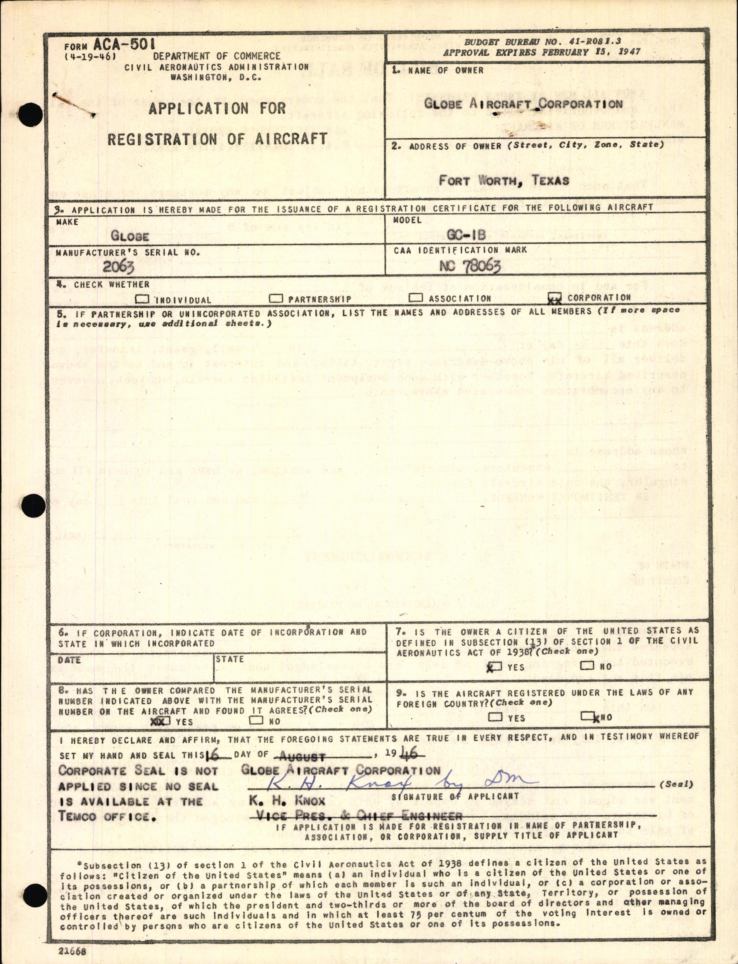 Sample page 1 from AirCorps Library document: Technical Information for Serial Number 2063