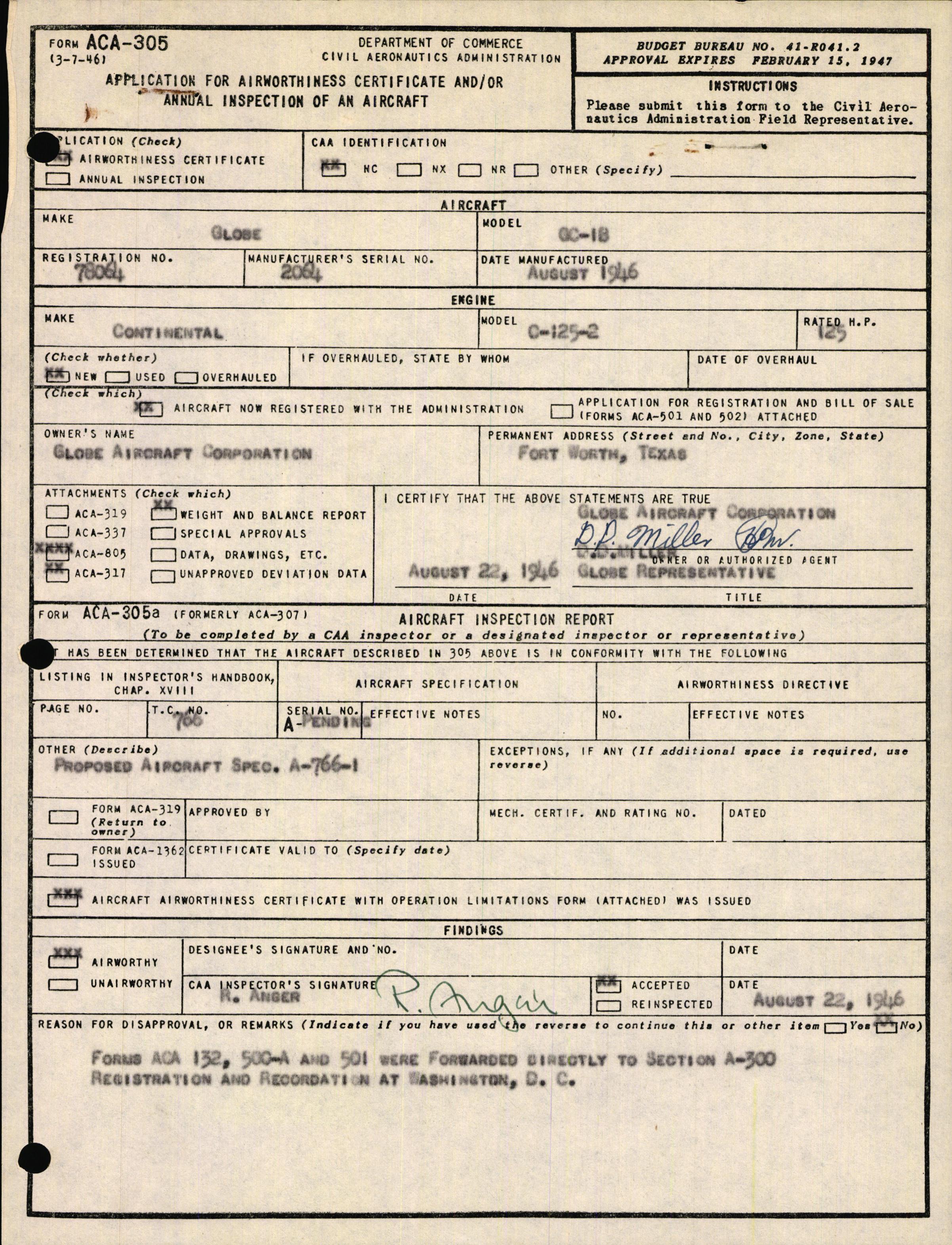 Sample page 1 from AirCorps Library document: Technical Information for Serial Number 2064