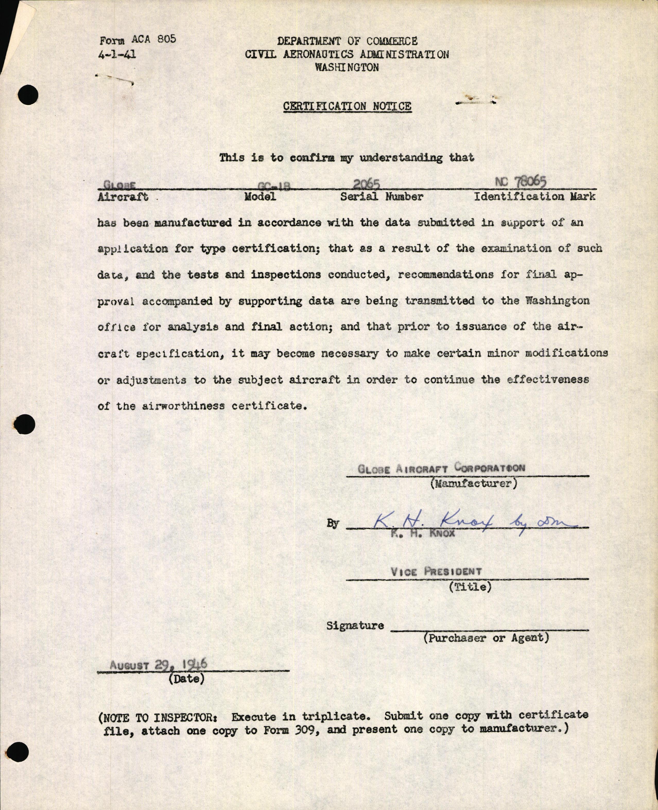 Sample page 1 from AirCorps Library document: Technical Information for Serial Number 2065