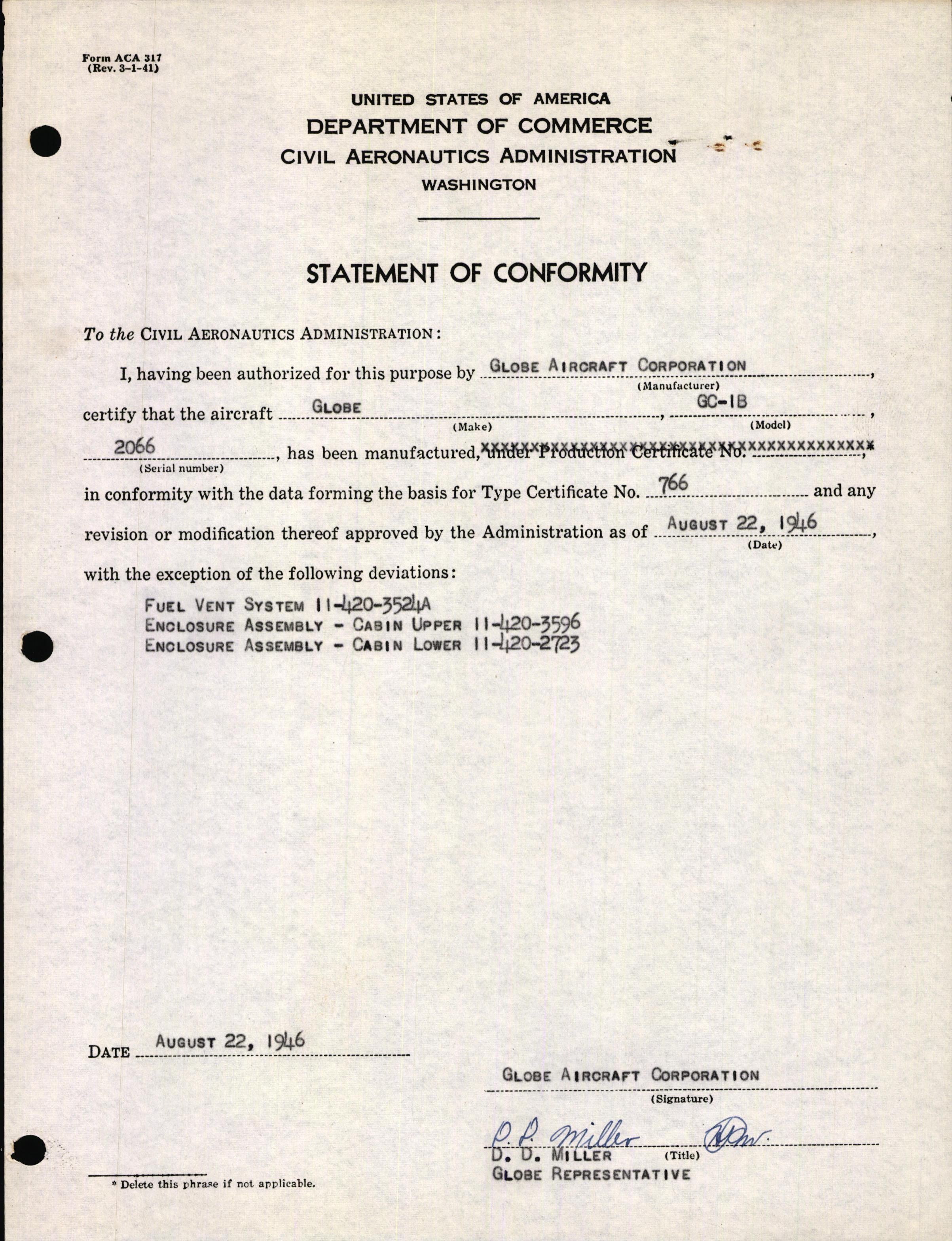 Sample page 1 from AirCorps Library document: Technical Information for Serial Number 2066