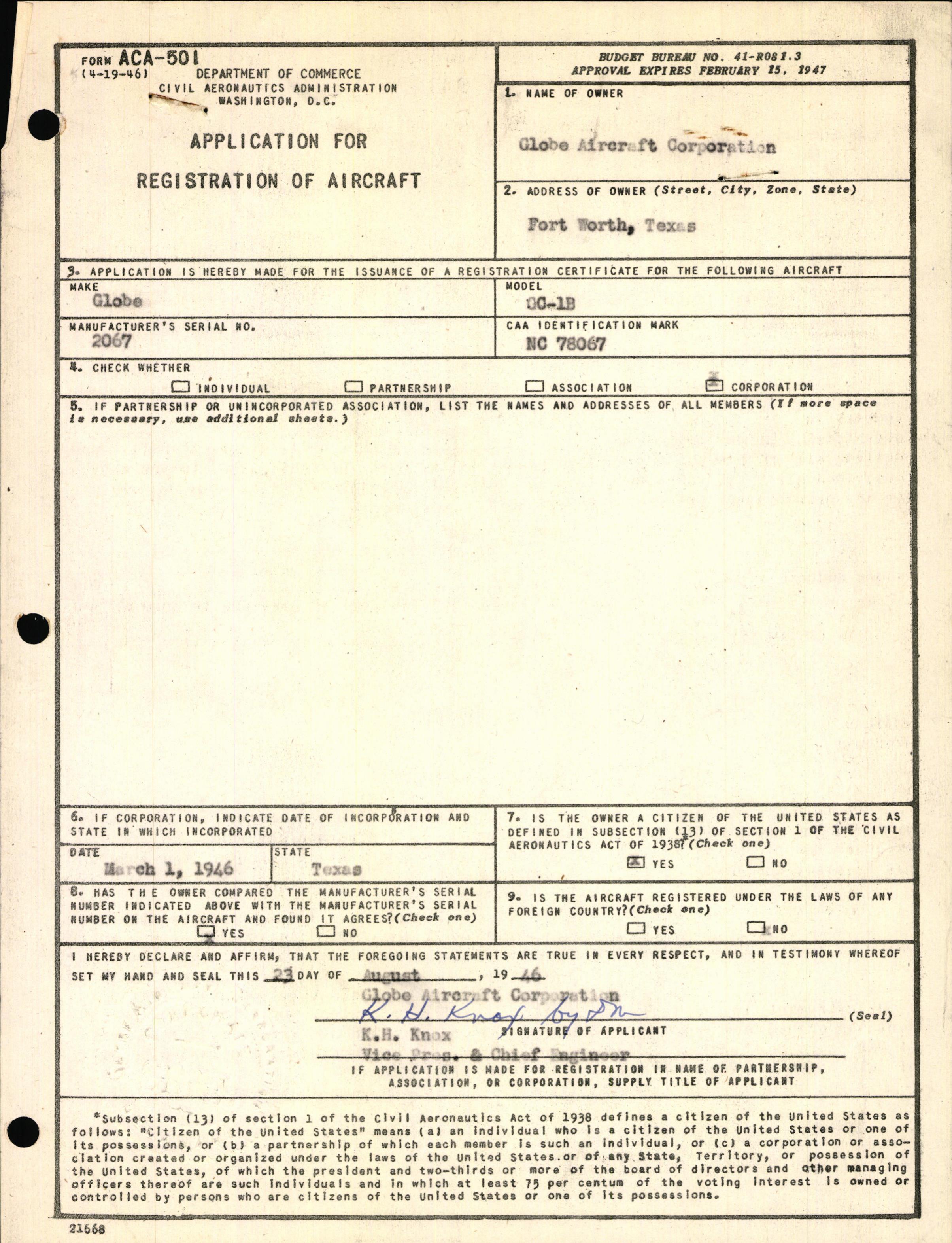 Sample page 1 from AirCorps Library document: Technical Information for Serial Number 2067