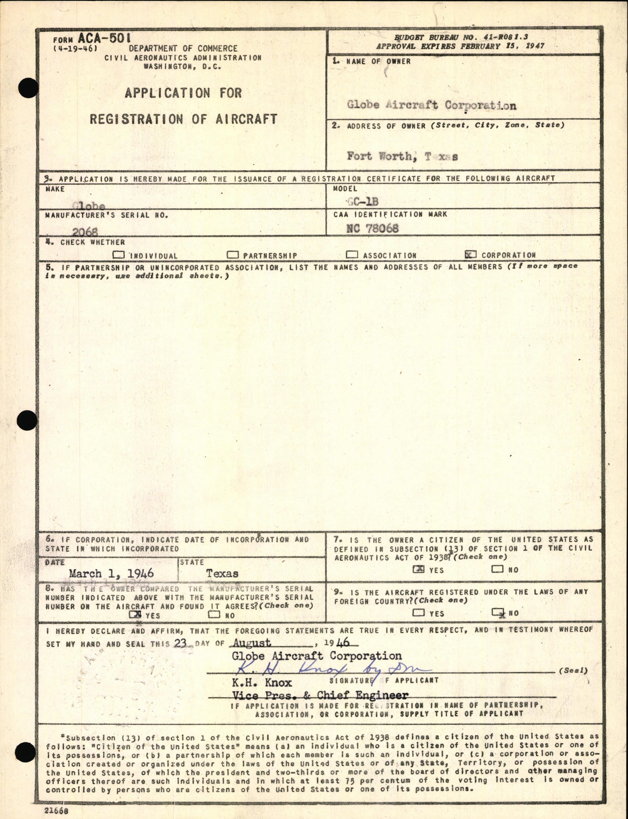 Sample page 1 from AirCorps Library document: Technical Information for Serial Number 2068