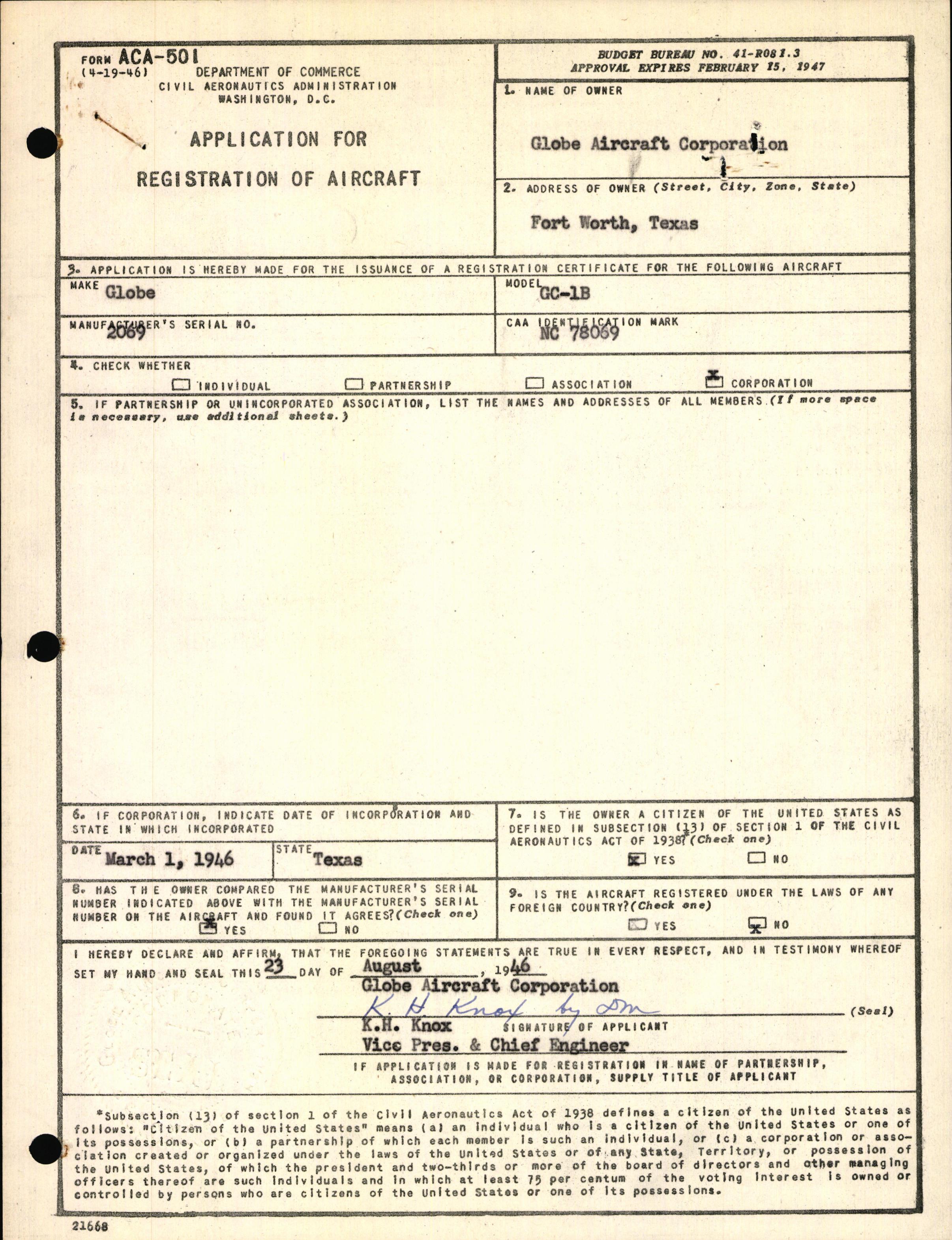 Sample page 1 from AirCorps Library document: Technical Information for Serial Number 2069