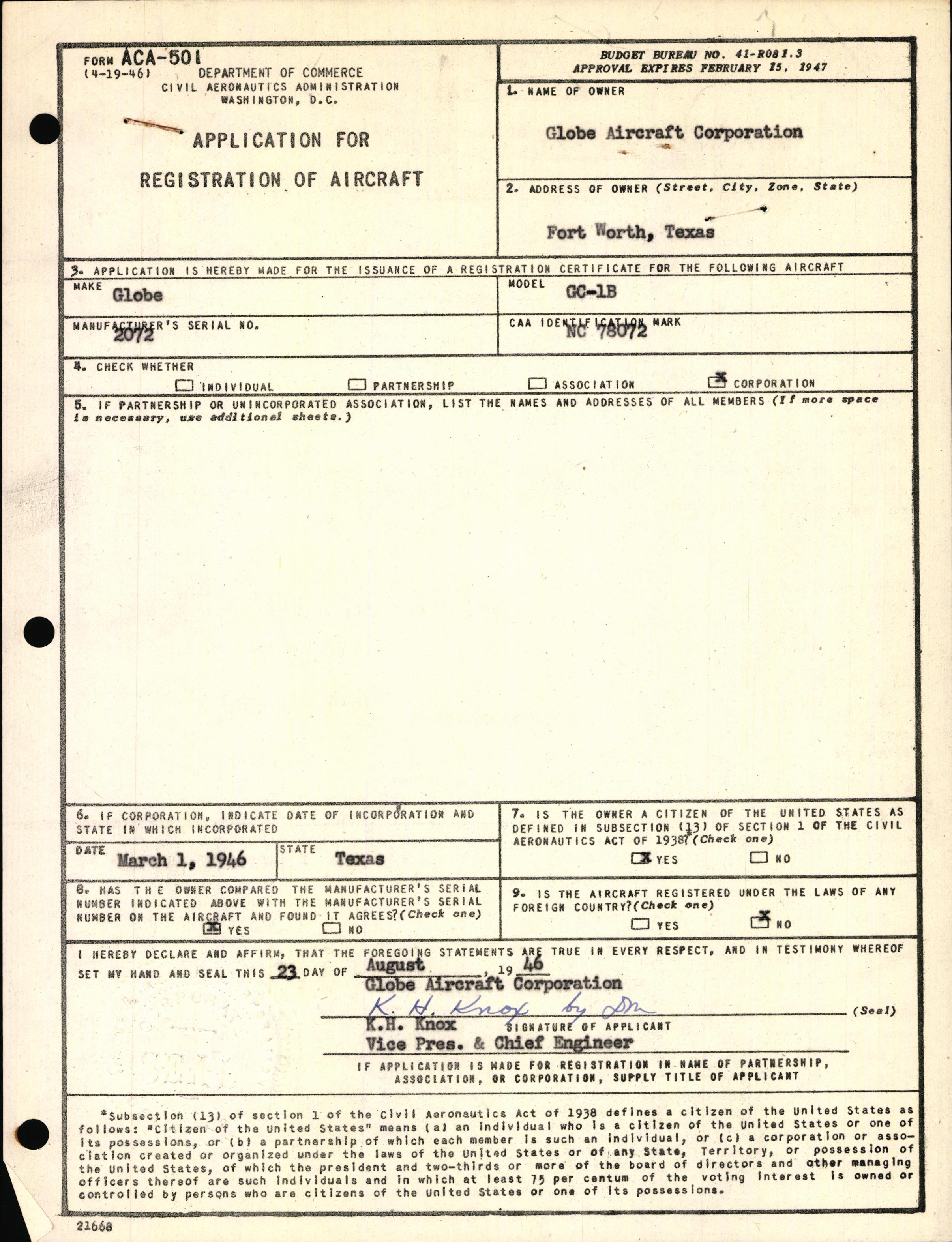 Sample page 1 from AirCorps Library document: Technical Information for Serial Number 2072