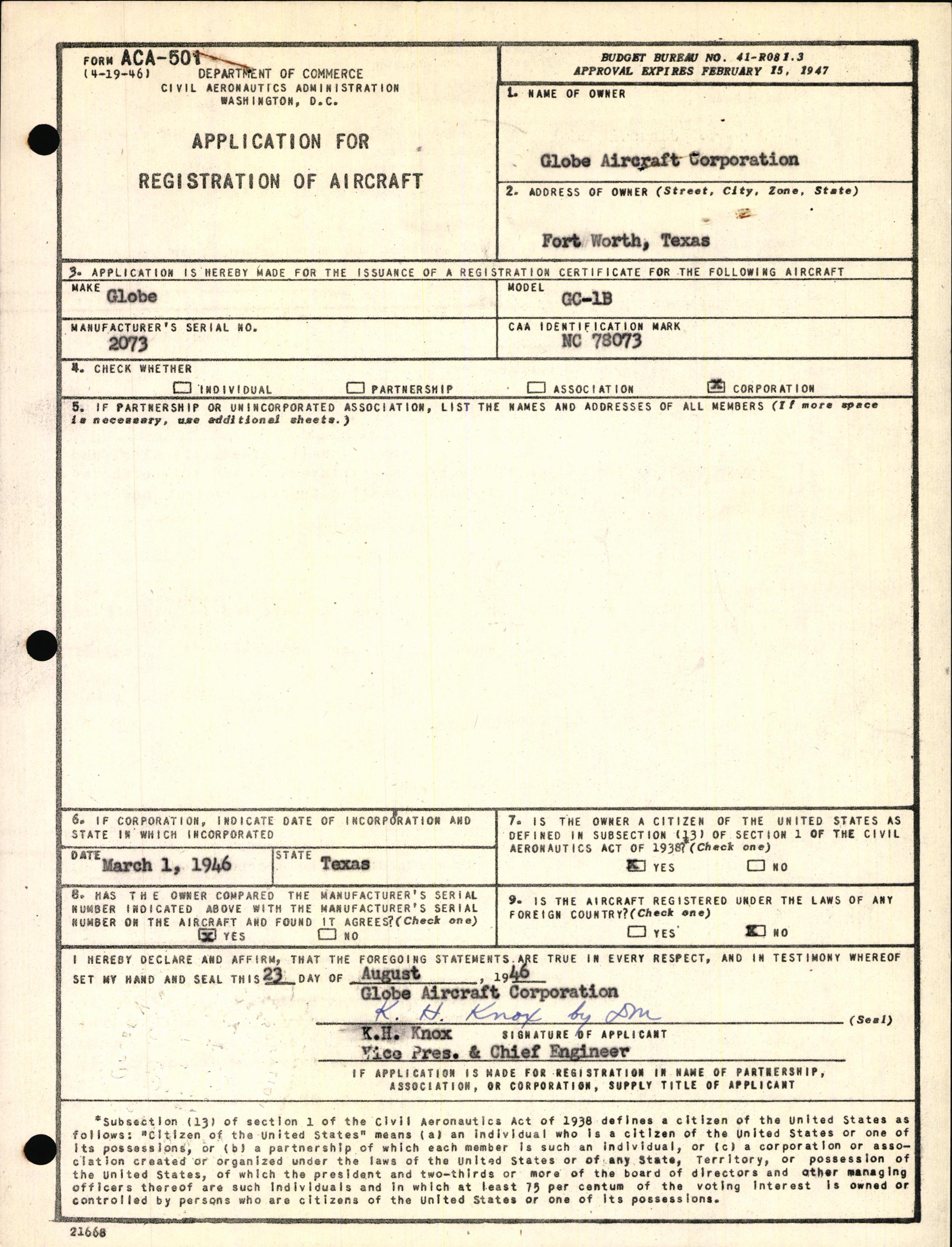 Sample page 1 from AirCorps Library document: Technical Information for Serial Number 2073