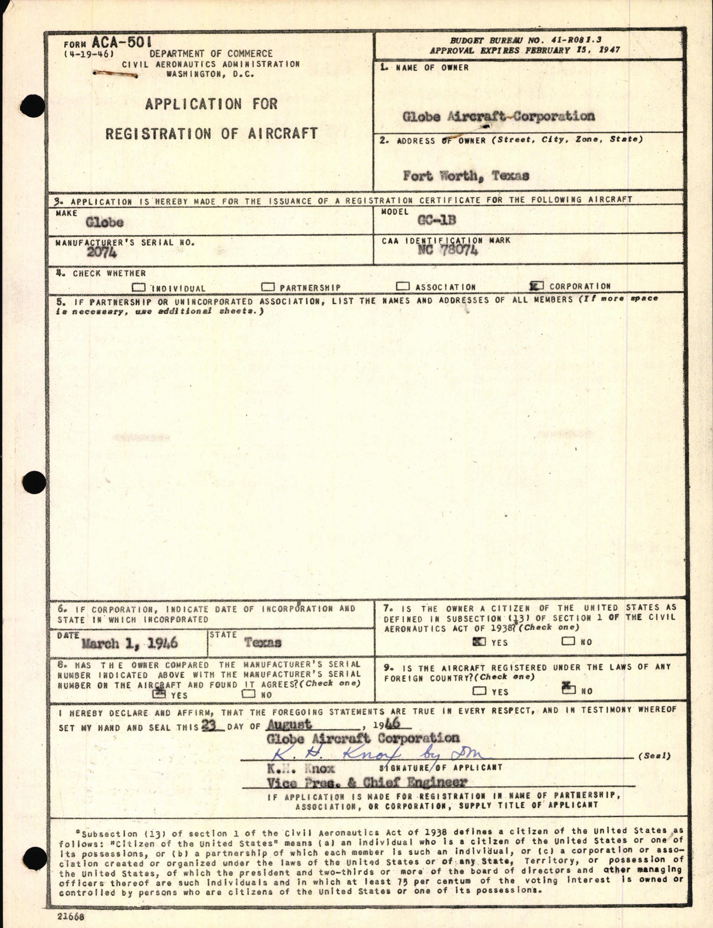 Sample page 1 from AirCorps Library document: Technical Information for Serial Number 2074