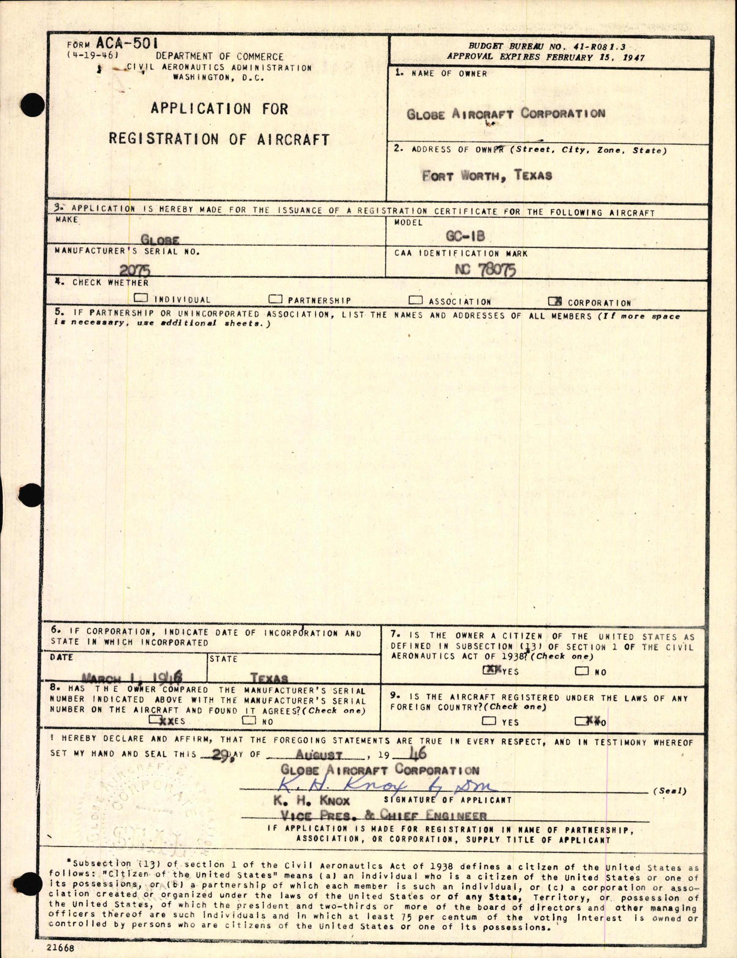 Sample page 1 from AirCorps Library document: Technical Information for Serial Number 2075