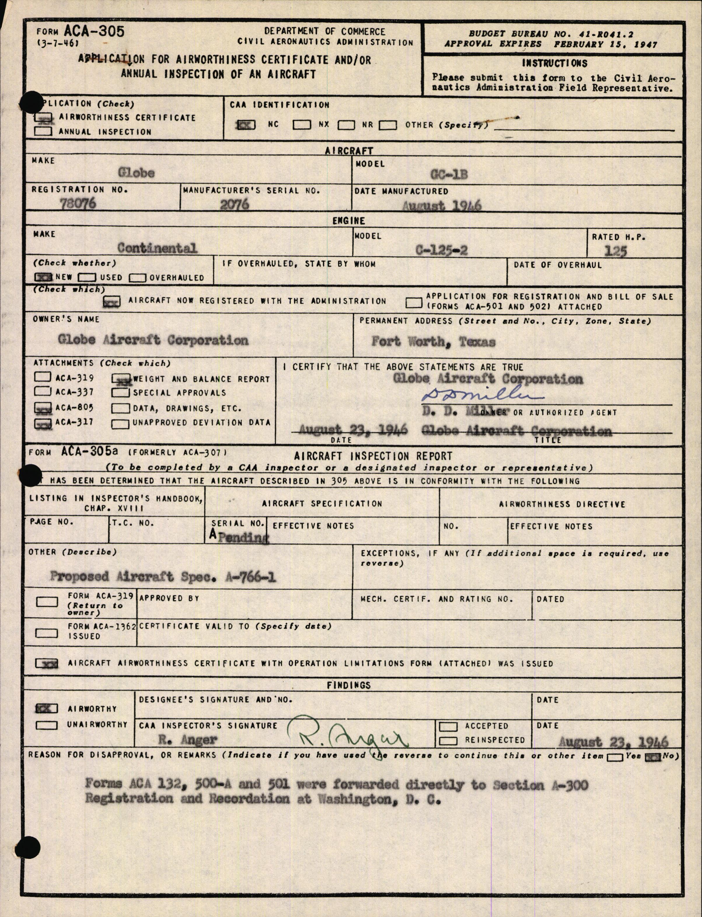 Sample page 1 from AirCorps Library document: Technical Information for Serial Number 2076