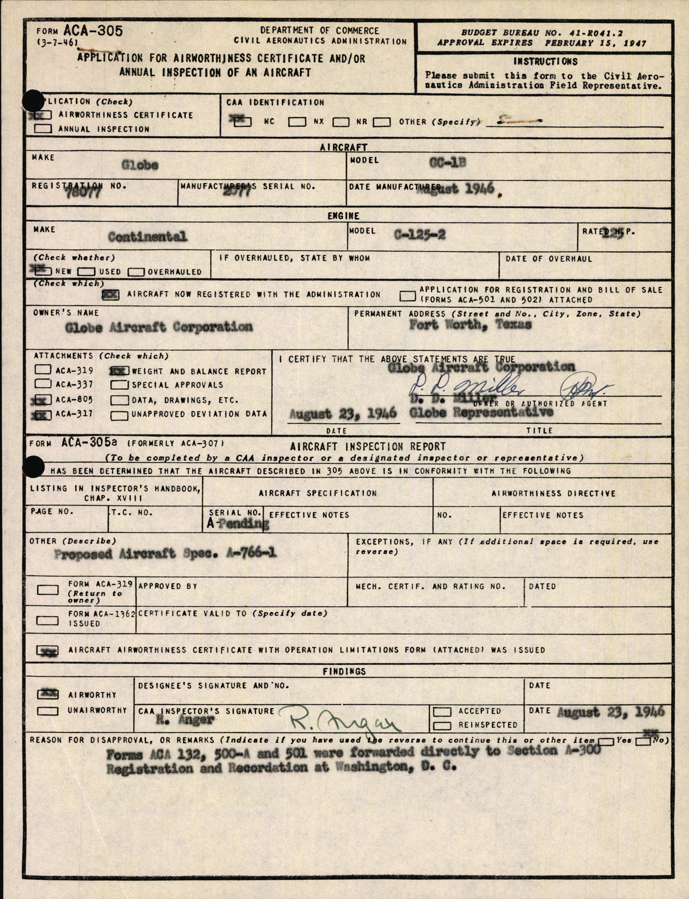 Sample page 1 from AirCorps Library document: Technical Information for Serial Number 2077