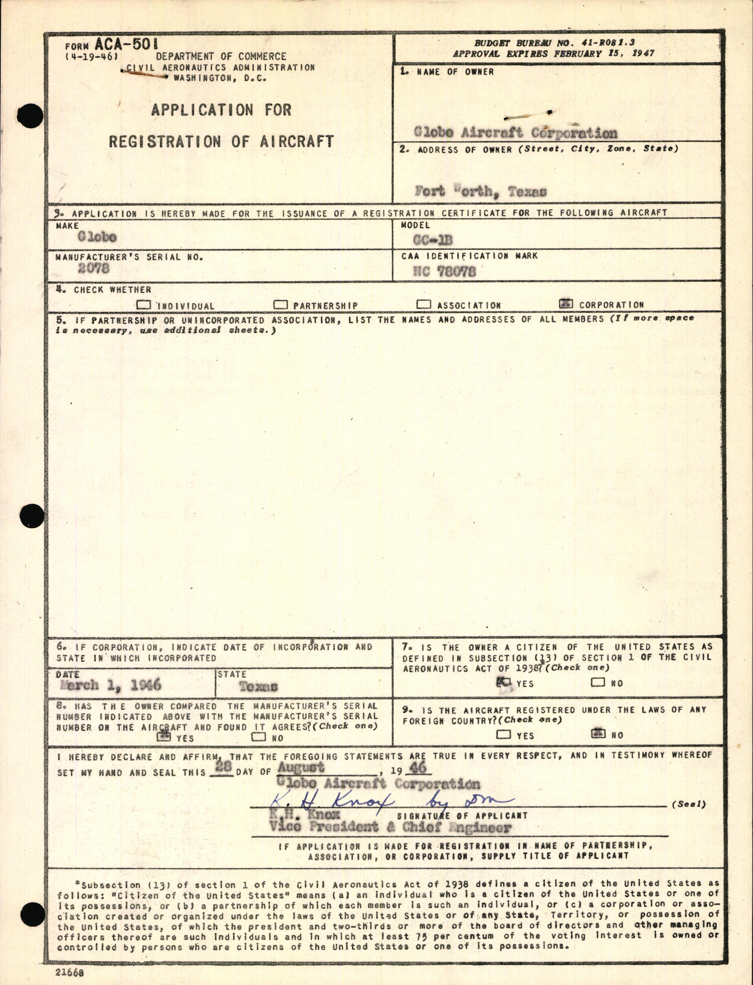 Sample page 1 from AirCorps Library document: Technical Information for Serial Number 2078