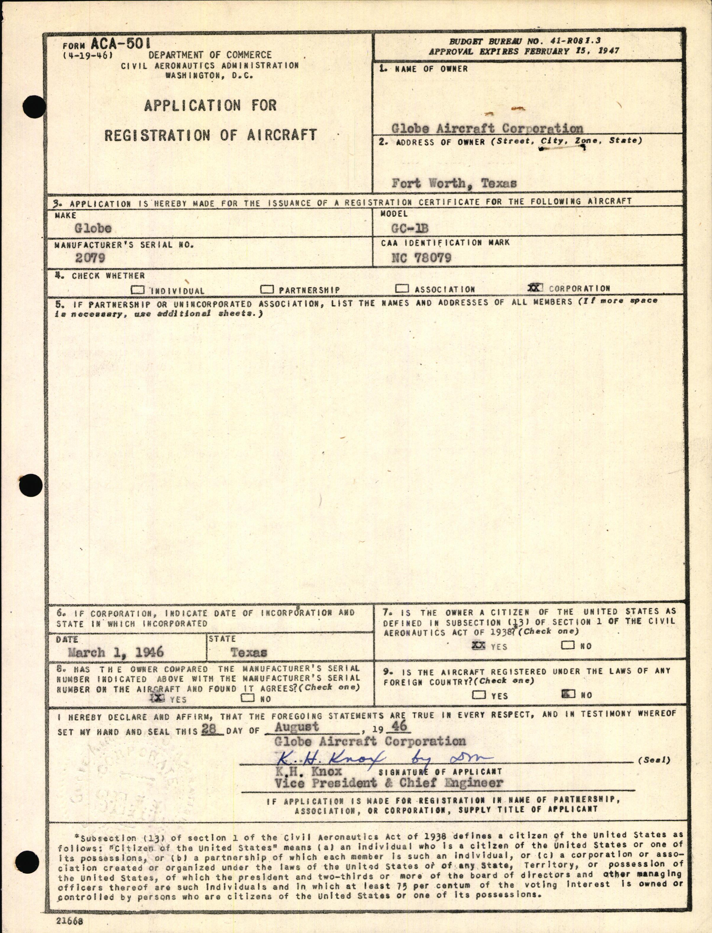 Sample page 1 from AirCorps Library document: Technical Information for Serial Number 2079