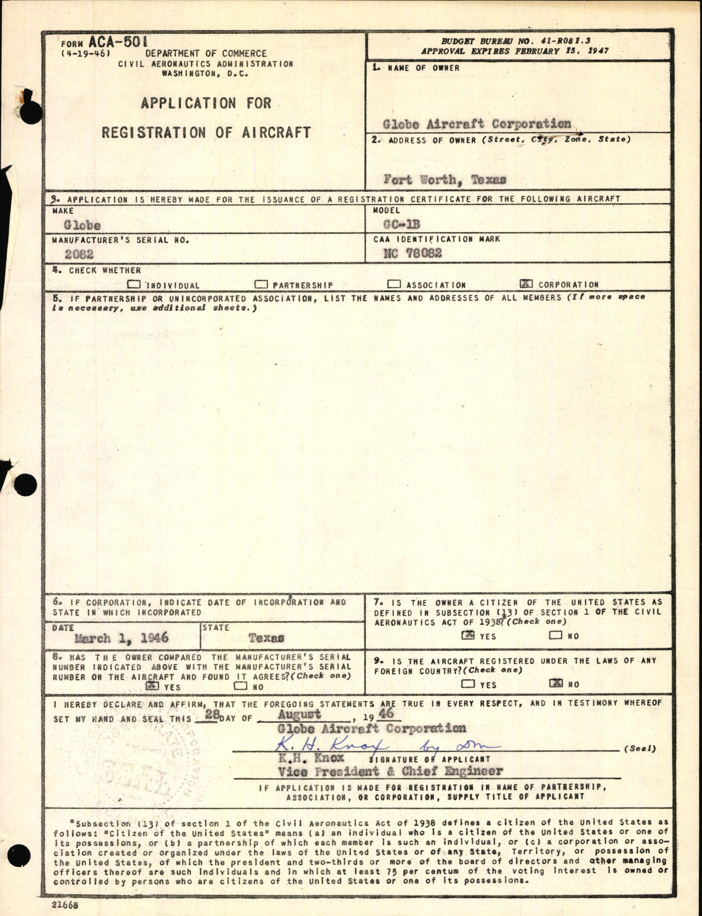 Sample page 1 from AirCorps Library document: Technical Information for Serial Number 2082
