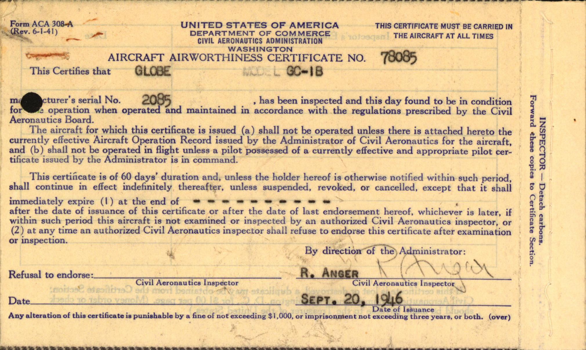 Sample page 1 from AirCorps Library document: Technical Information for Serial Number 2085