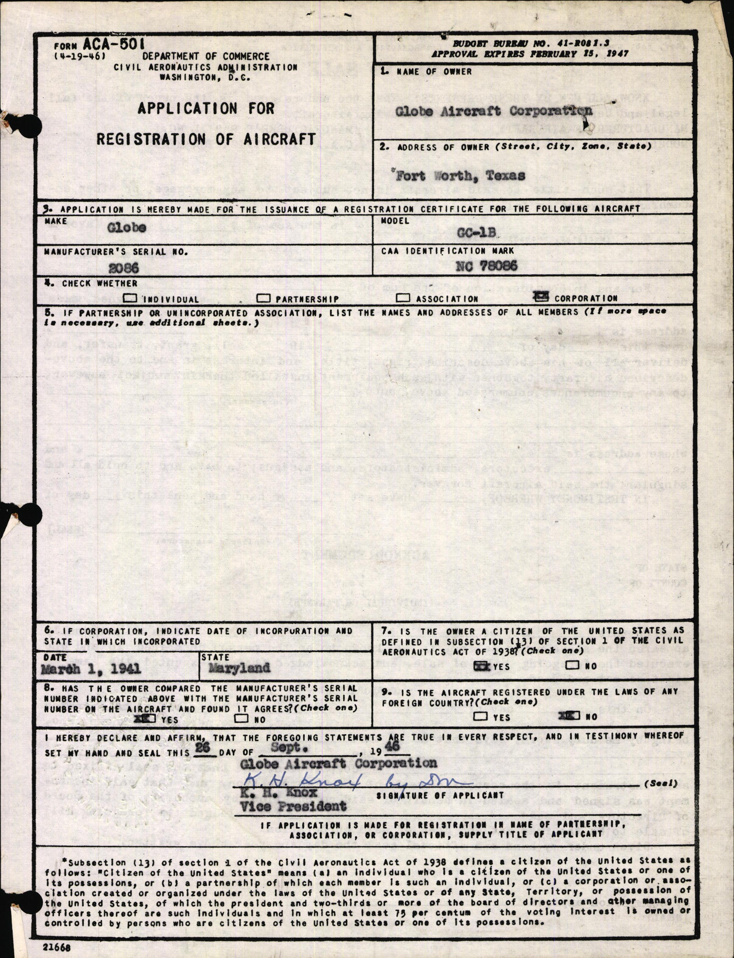 Sample page 1 from AirCorps Library document: Technical Information for Serial Number 2086