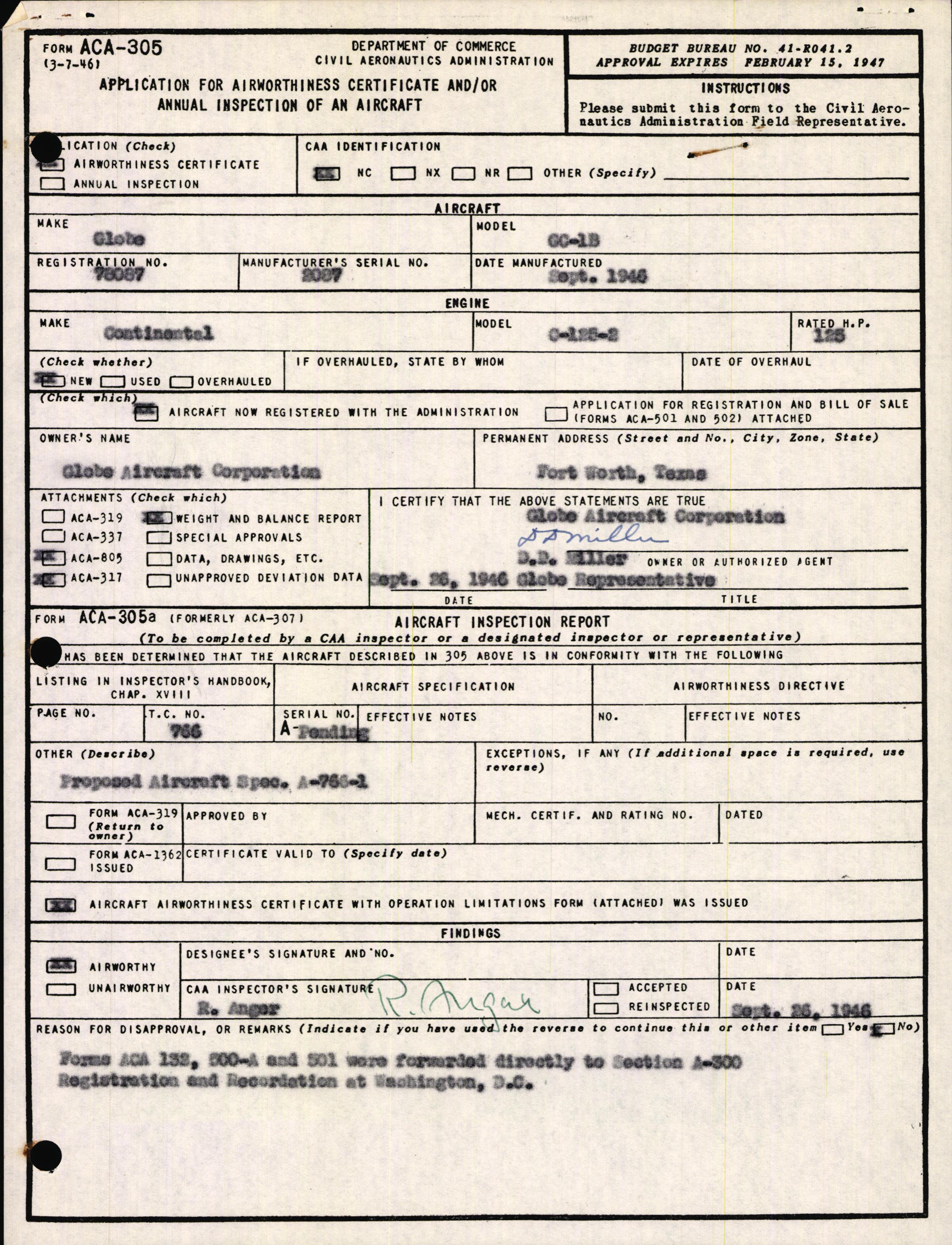 Sample page 1 from AirCorps Library document: Technical Information for Serial Number 2087