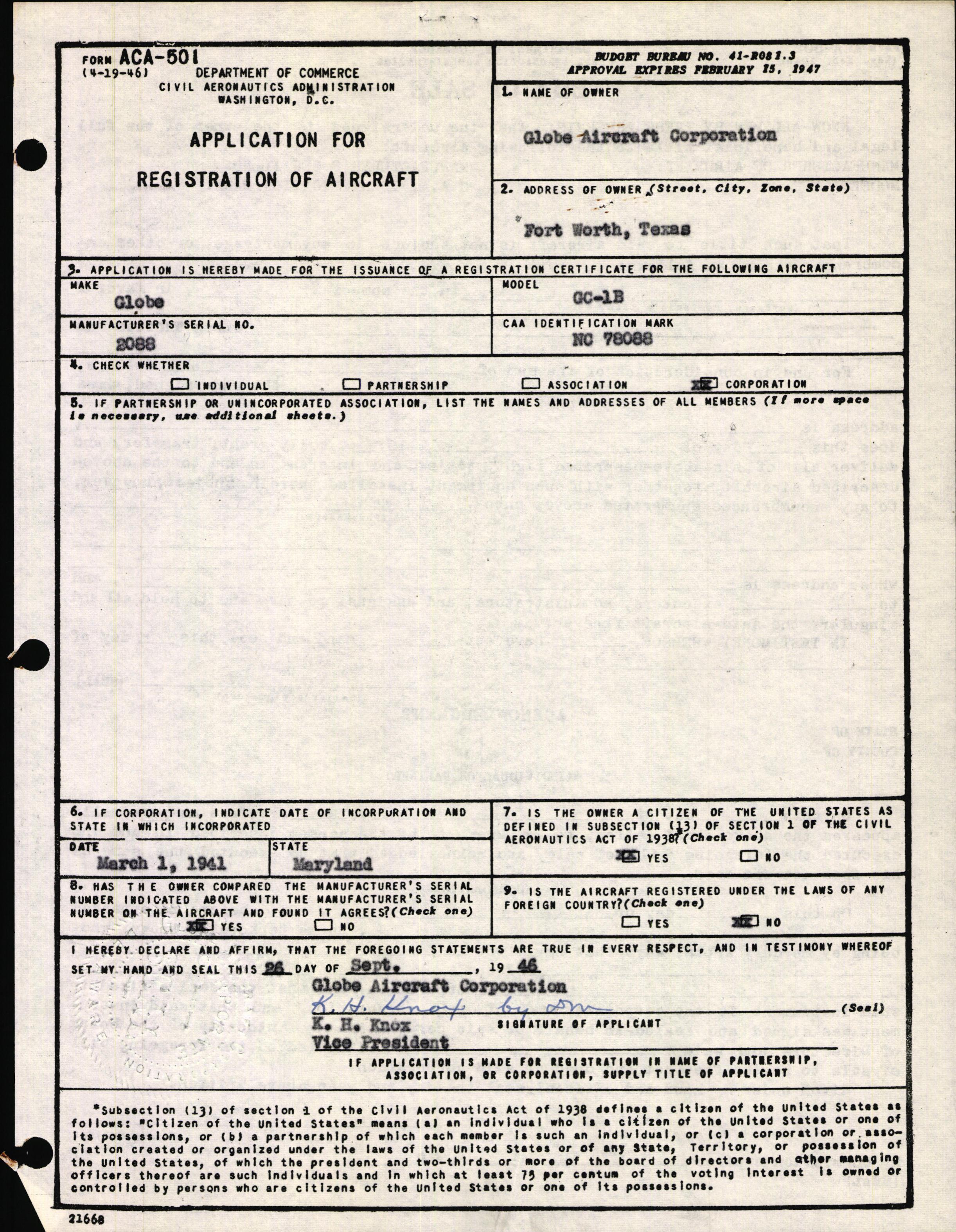 Sample page 1 from AirCorps Library document: Technical Information for Serial Number 2088