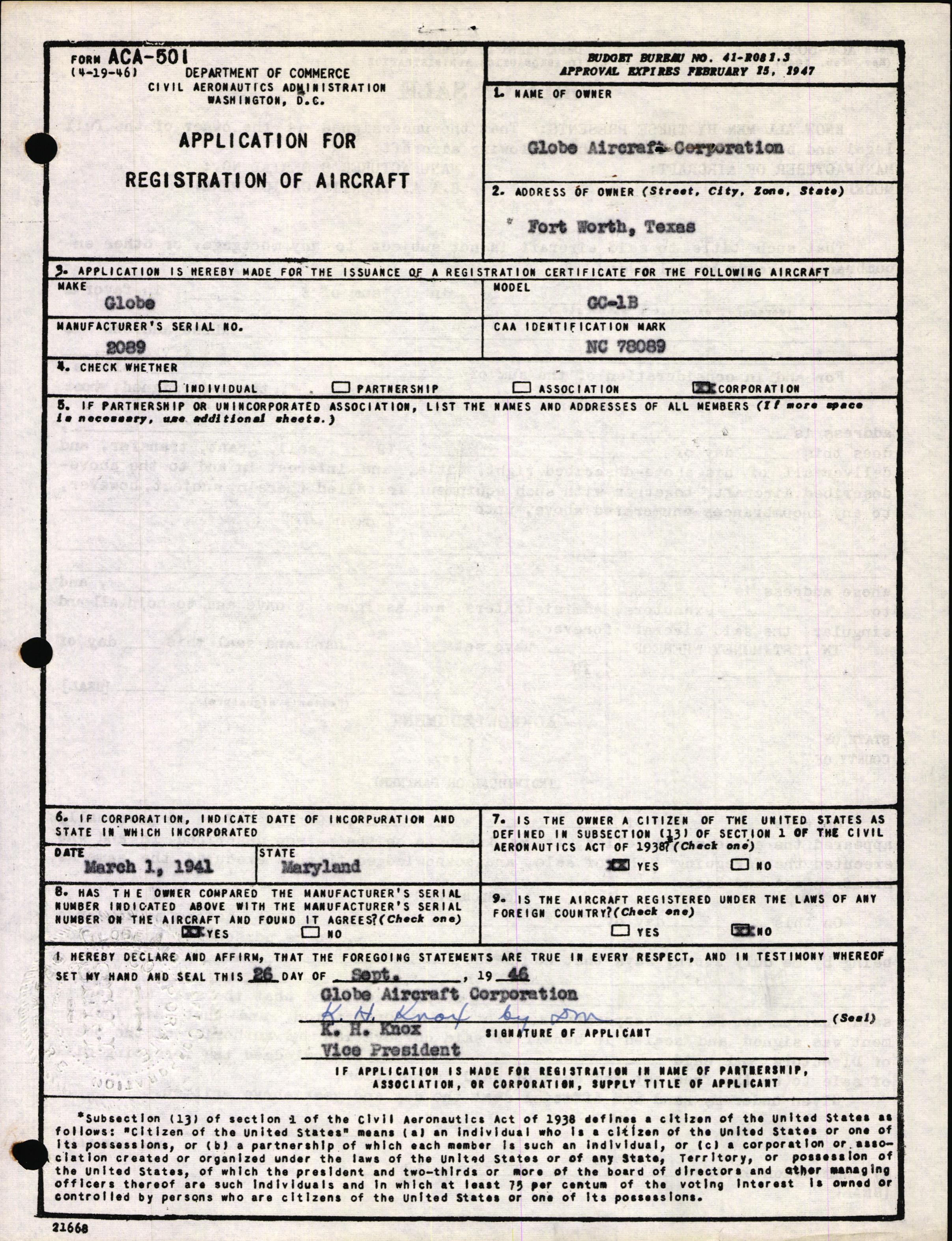 Sample page 1 from AirCorps Library document: Technical Information for Serial Number 2089