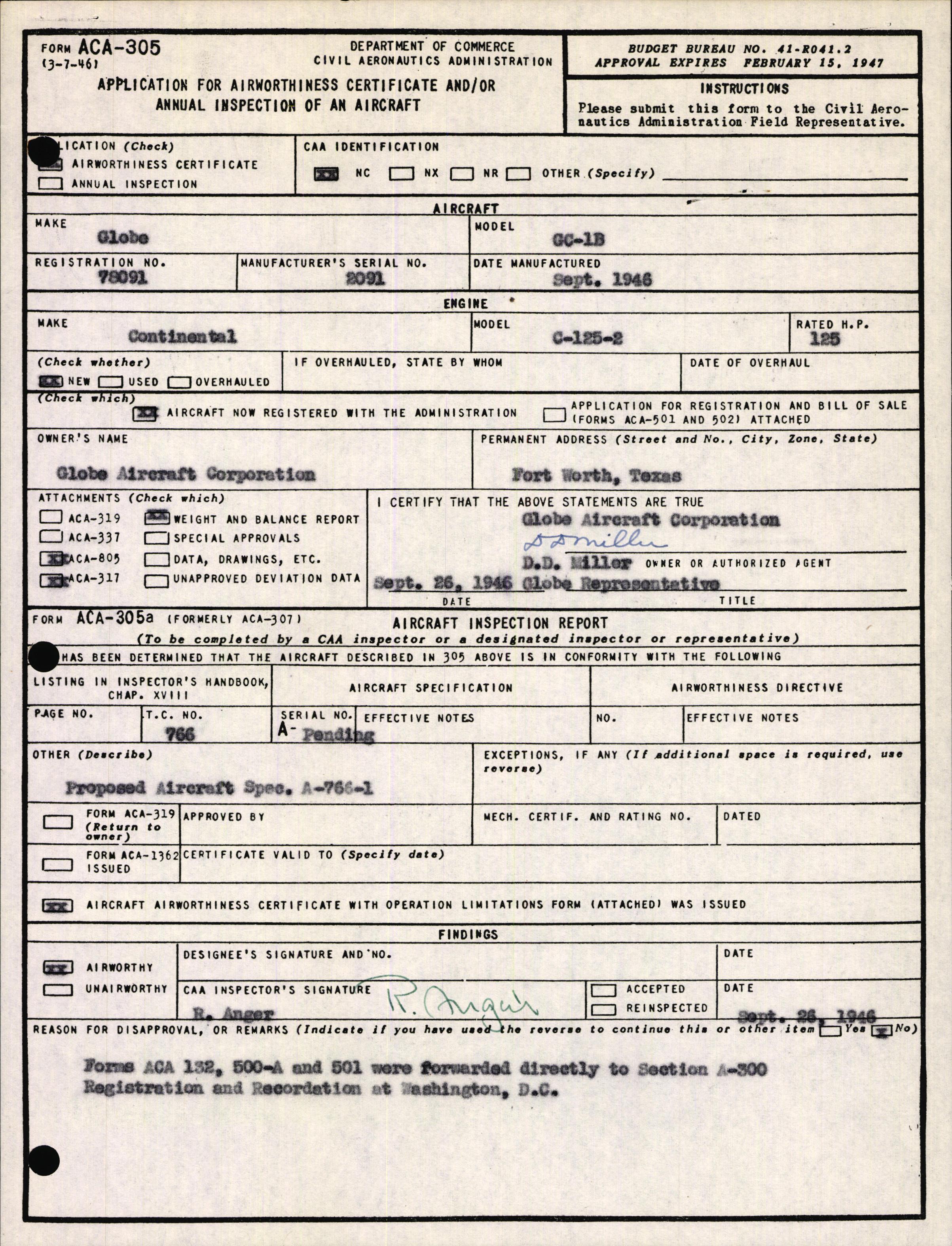 Sample page 1 from AirCorps Library document: Technical Information for Serial Number 2091