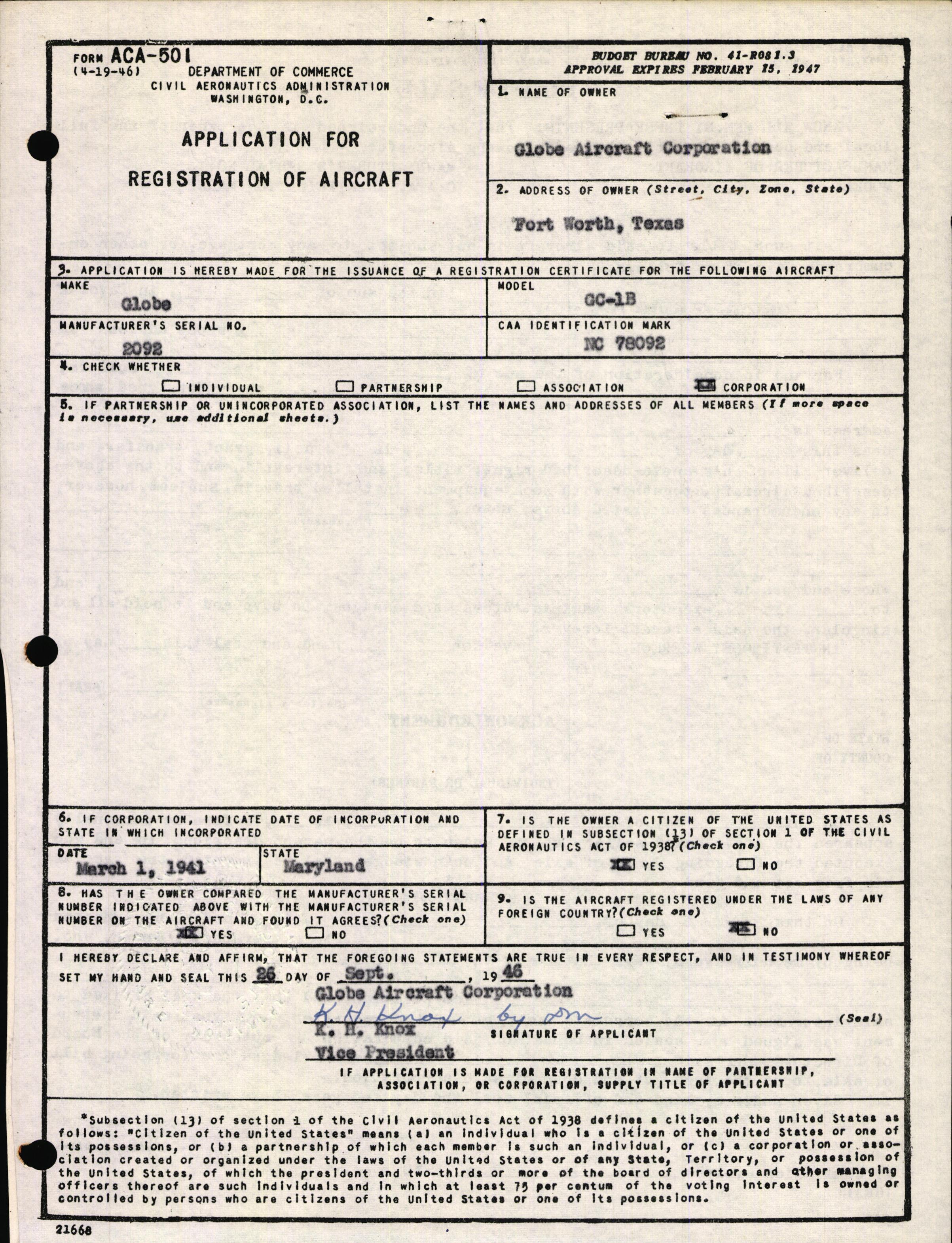 Sample page 1 from AirCorps Library document: Technical Information for Serial Number 2092