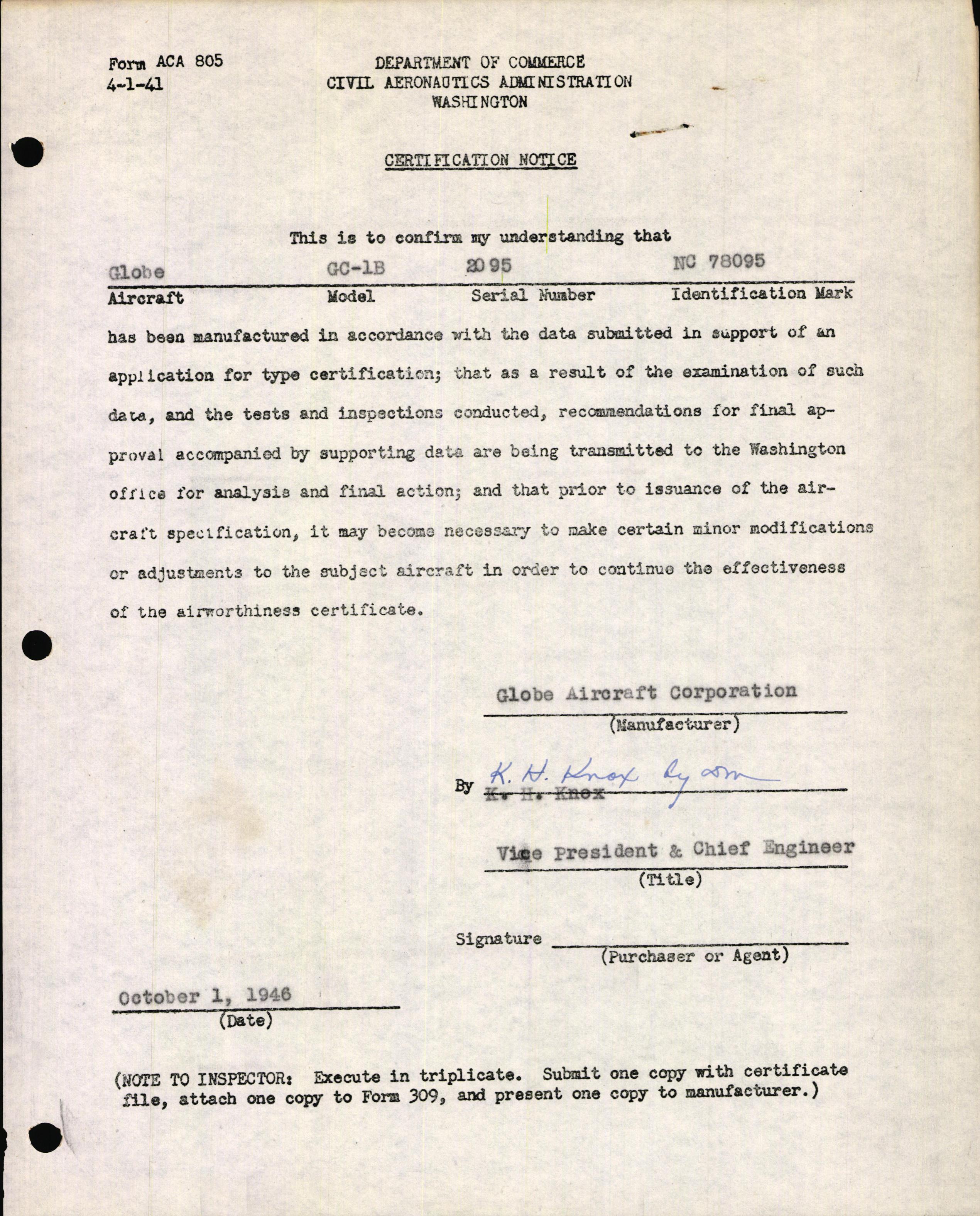 Sample page 1 from AirCorps Library document: Technical Information for Serial Number 2095