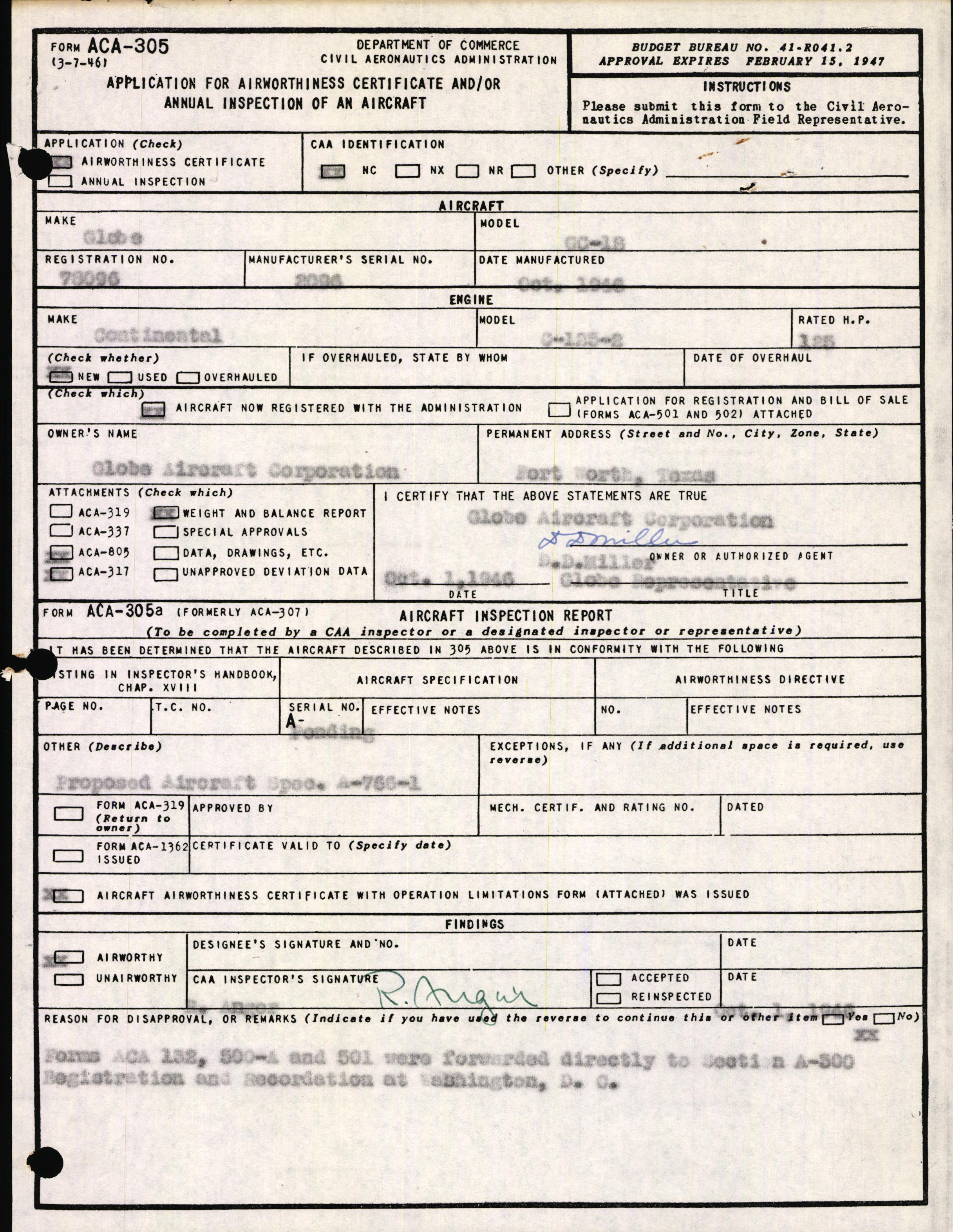 Sample page 1 from AirCorps Library document: Technical Information for Serial Number 2096