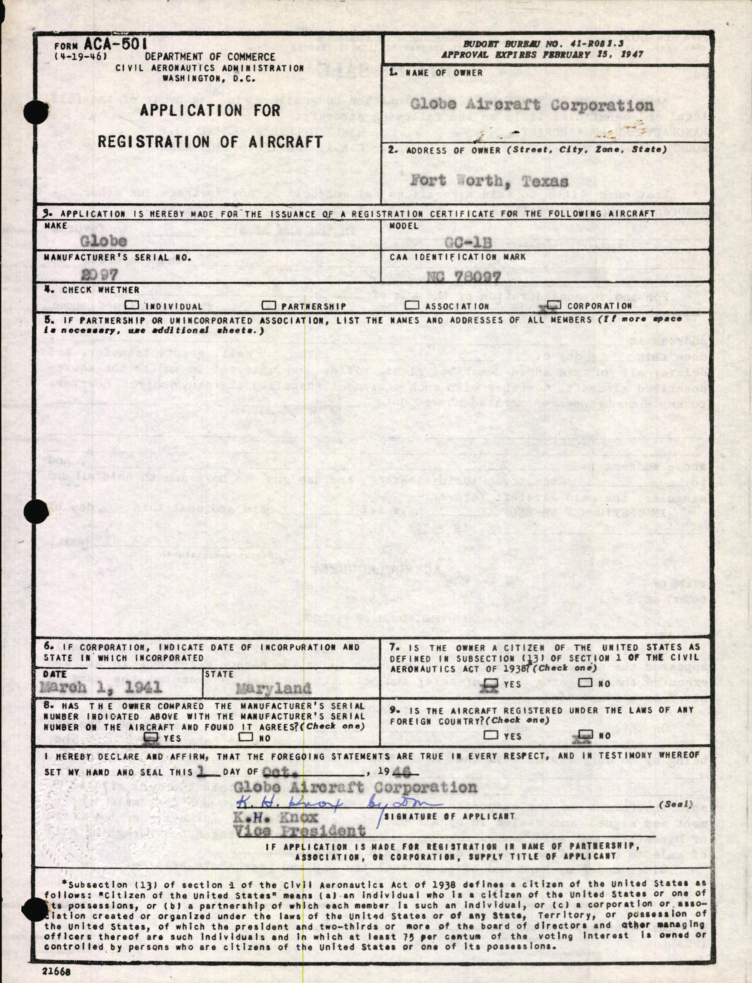 Sample page 1 from AirCorps Library document: Technical Information for Serial Number 2097