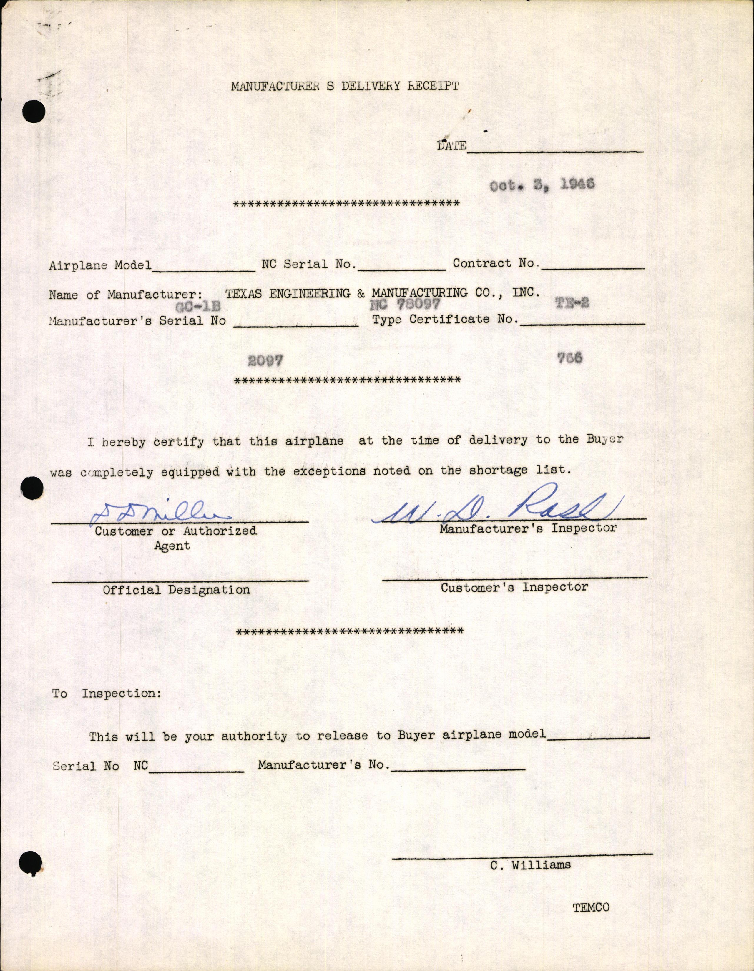 Sample page 3 from AirCorps Library document: Technical Information for Serial Number 2097