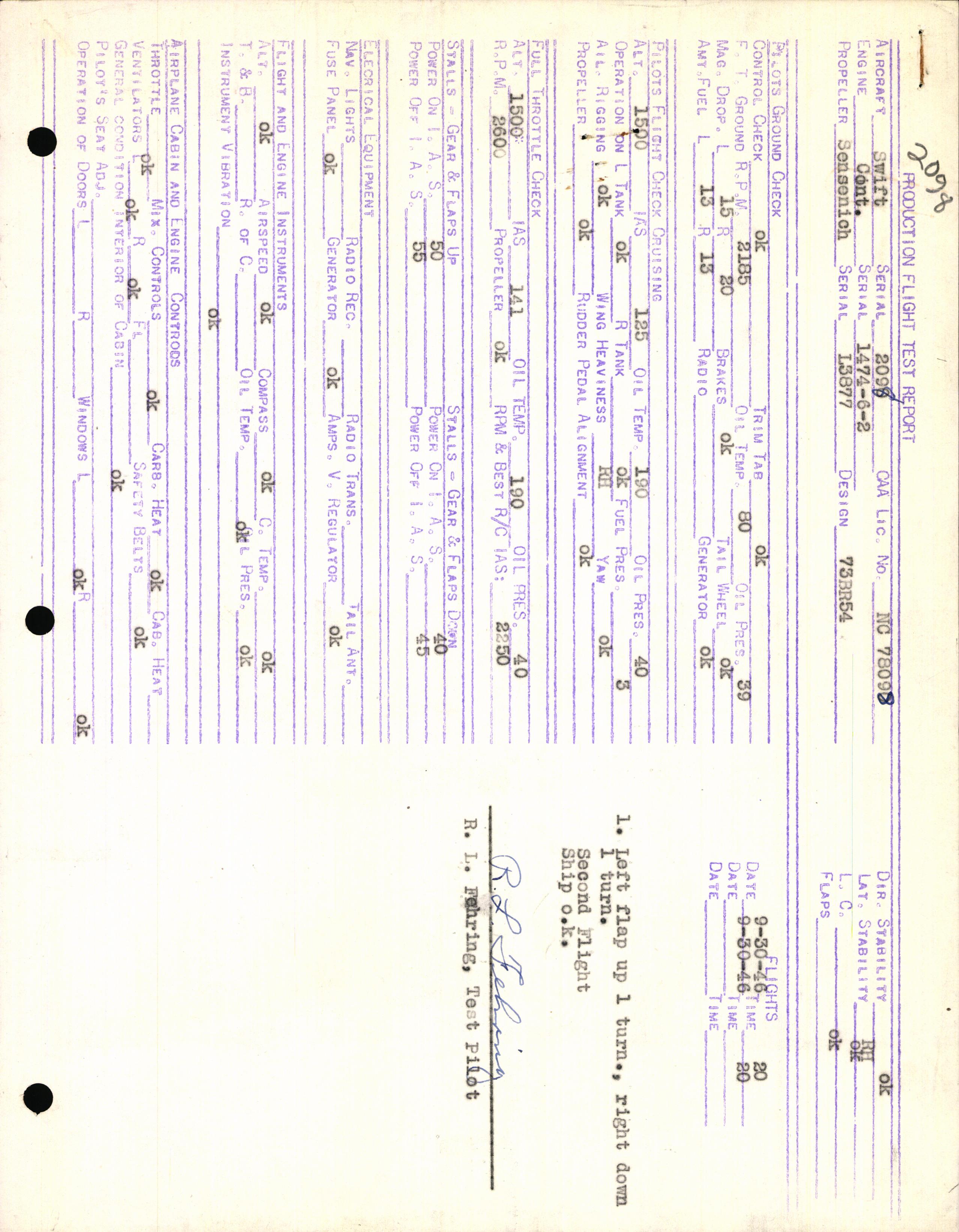 Sample page 1 from AirCorps Library document: Technical Information for Serial Number 2098